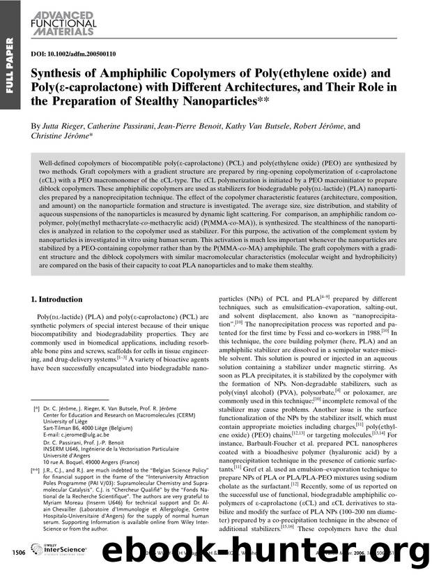 Synthesis of Amphiphilic Copolymers of Poly(ethylene oxide) and Poly([egr]-caprolactone) with Different Architectures, and Their Role in the Preparation of Stealthy Nanoparticles by Unknown