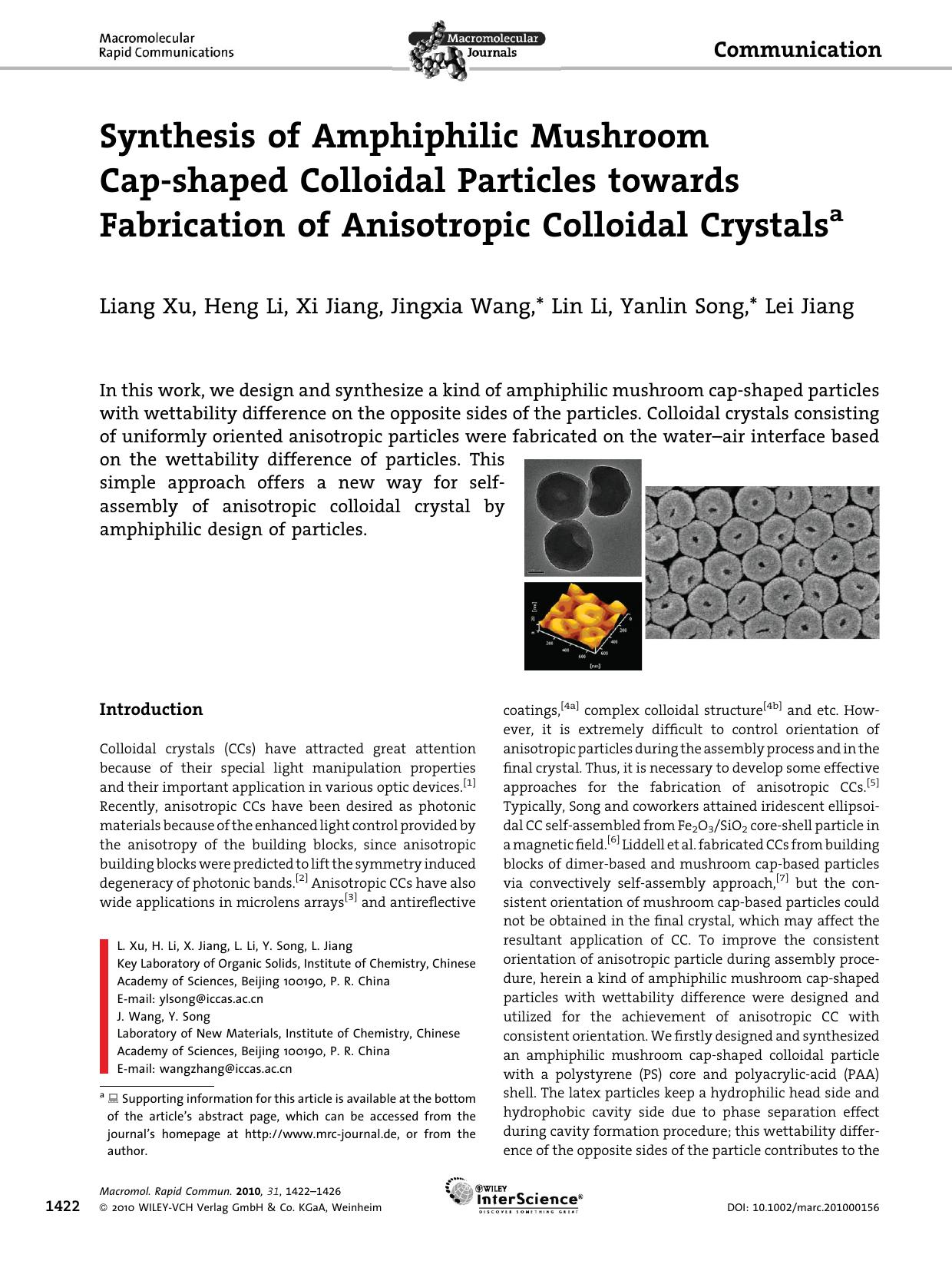 Synthesis of Amphiphilic Mushroom Capshaped Colloidal Particles towards Fabrication of Anisotropic Colloidal Crystals by Unknown