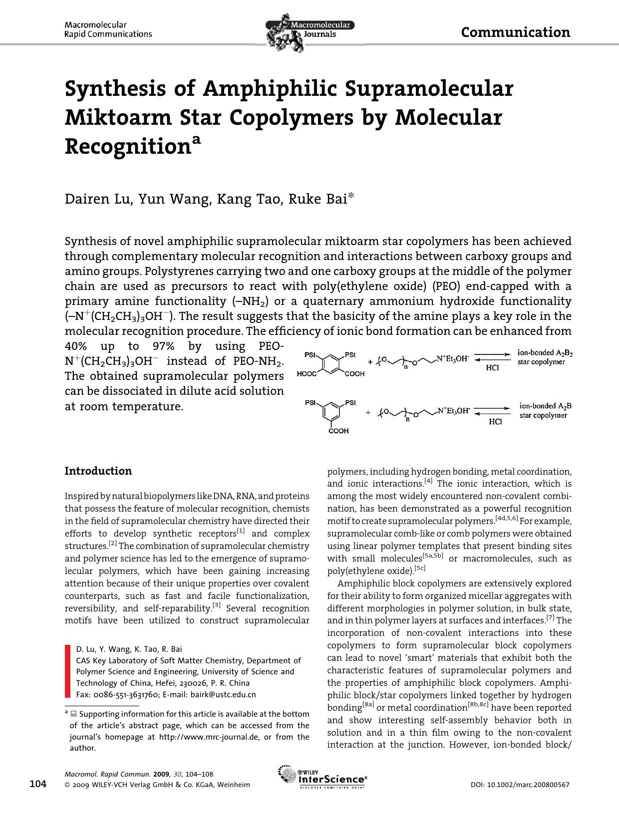 Synthesis of Amphiphilic Supramolecular Miktoarm Star Copolymers by Molecular Recognition by Unknown