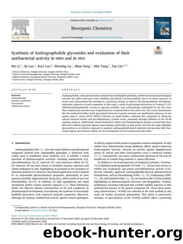 Synthesis of Andrographolide glycosides and evaluation of their antibacterial activity in vitro and in vivo by Bin Li & Qi Luo & Keyi Luo & Wenting Lu & Shan Zeng & Min Yang & Tao Liu