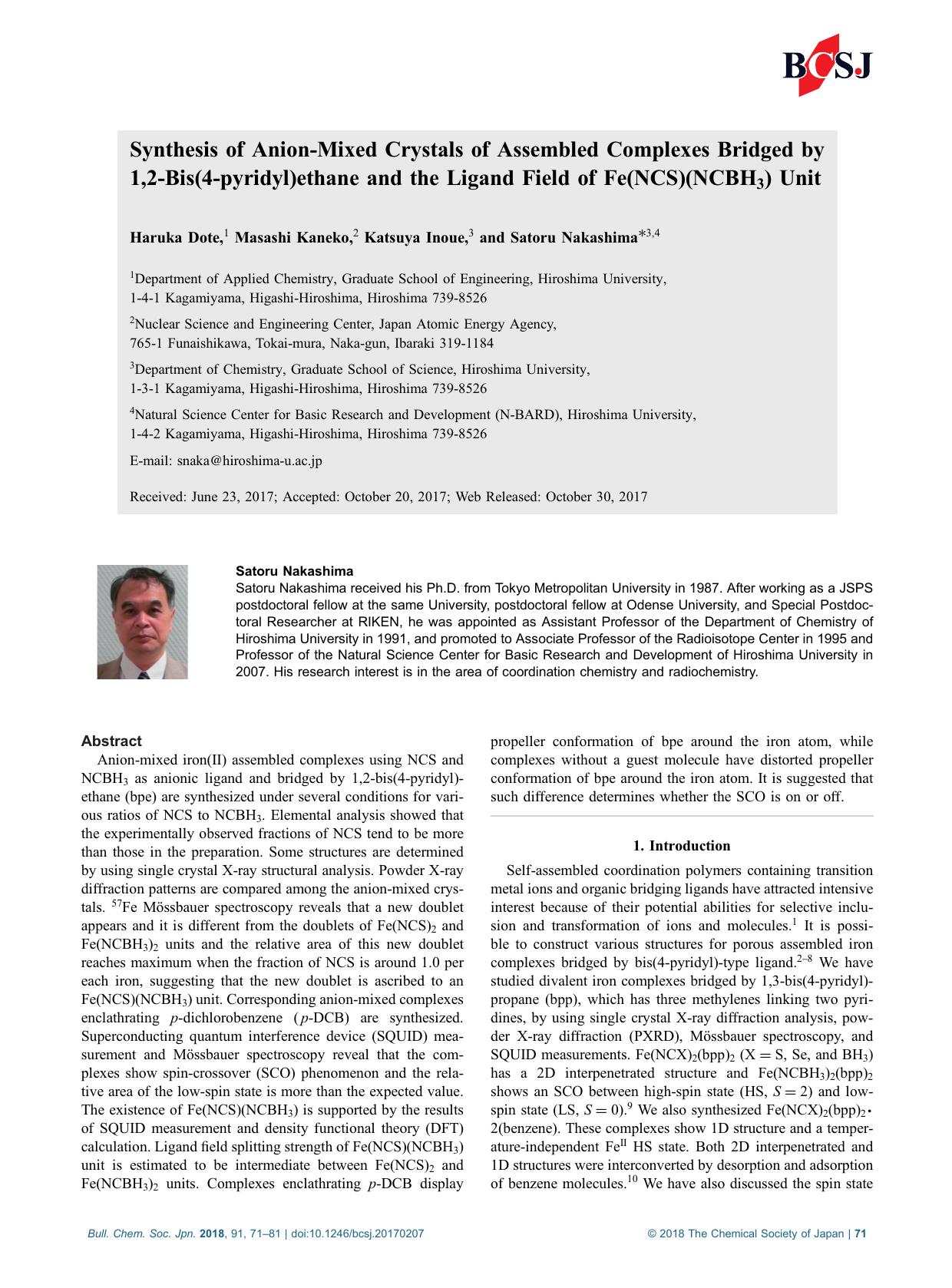 Synthesis of Anion-Mixed Crystals of Assembled Complexes Bridged by 1,2-Bis(4-pyridyl)ethane and the Ligand Field of Fe(NCS)(NCBH3) Unit by Unknown