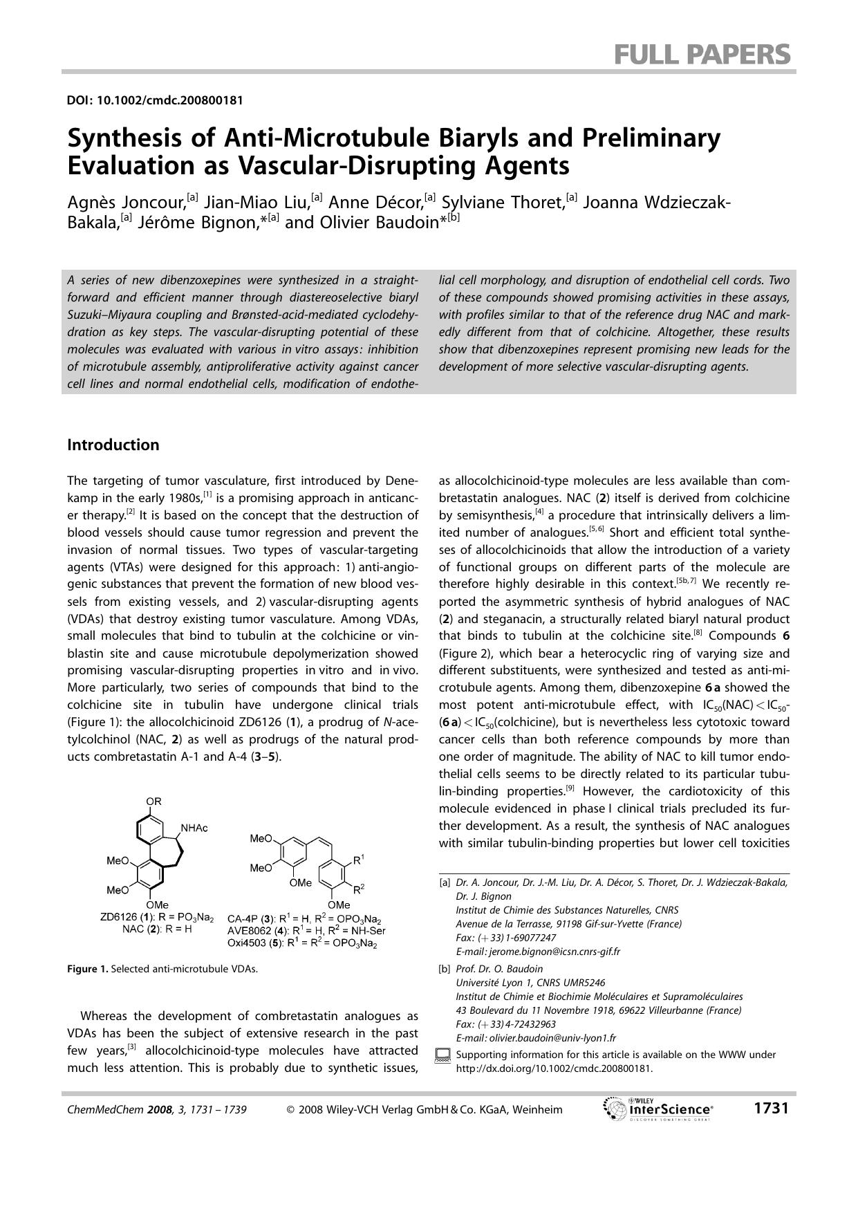 Synthesis of Anti-Microtubule Biaryls and Preliminary Evaluation as Vascular-Disrupting Agents by Unknown