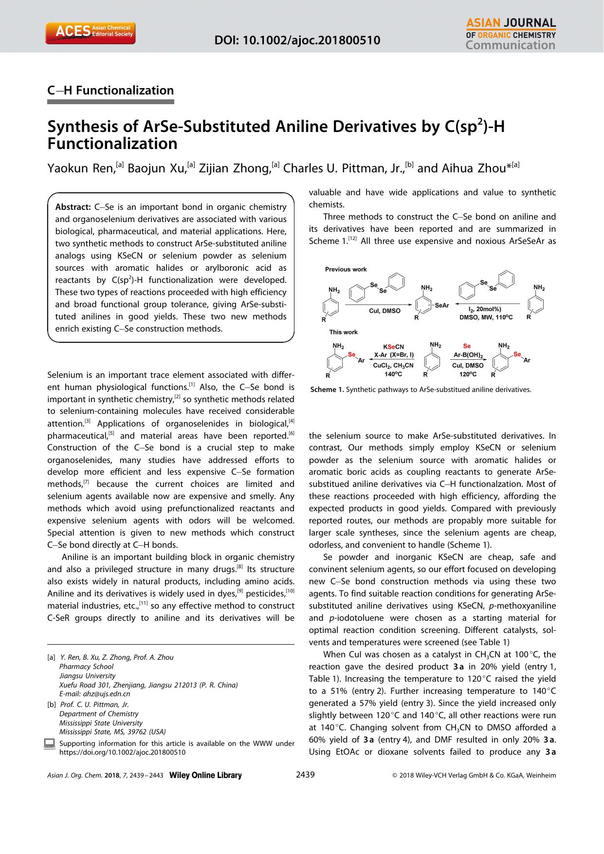 Synthesis of ArSeâSubstituted Aniline Derivatives by C(sp2)âH Functionalization by Unknown