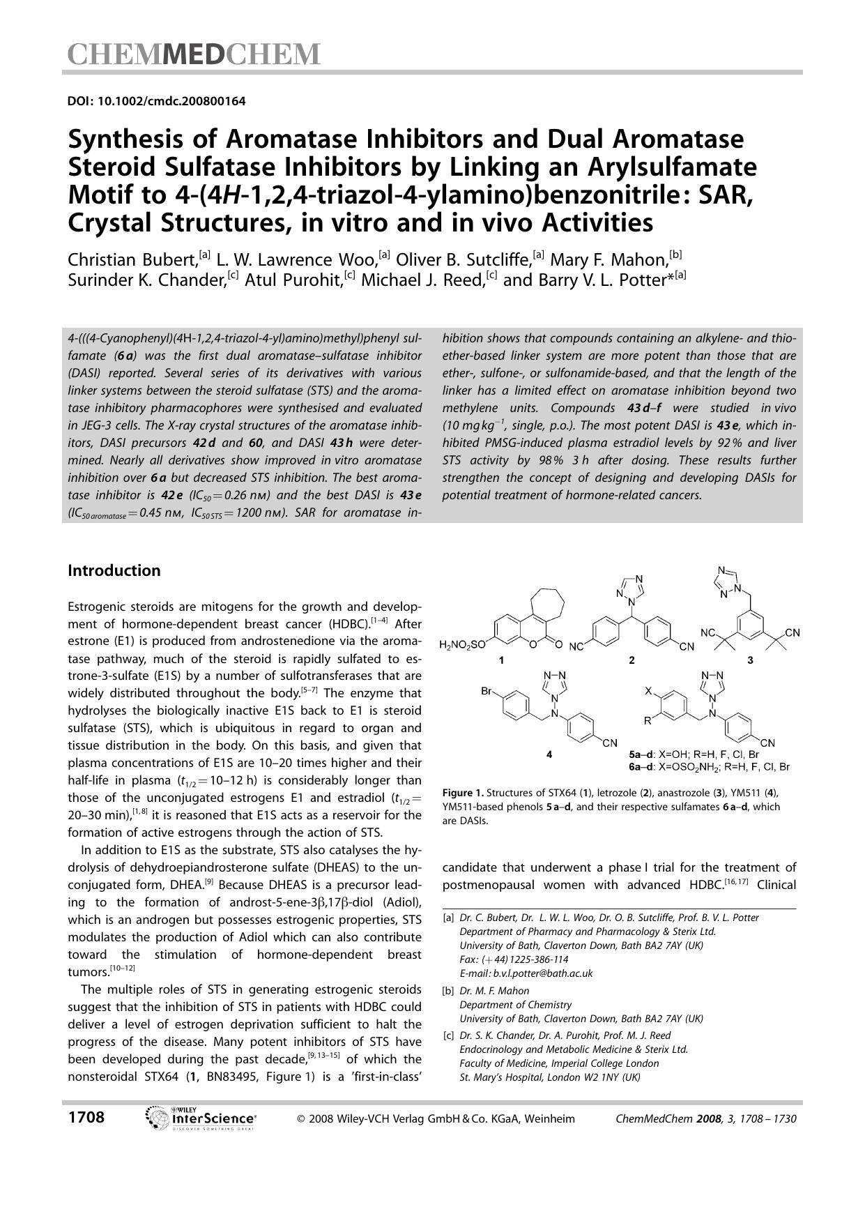 Synthesis of Aromatase Inhibitors and Dual Aromatase Steroid Sulfatase Inhibitors by Linking an Arylsulfamate Motif to 4-(4H-1,2,4-triazol-4-ylamino)benzonitrile: SAR, Crystal Stru by Unknown