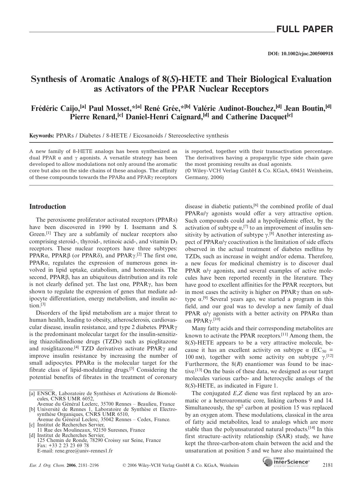 Synthesis of Aromatic Analogs of 8(S)-HETE and Their Biological Evaluation as Activators of the PPAR Nuclear Receptors by Unknown