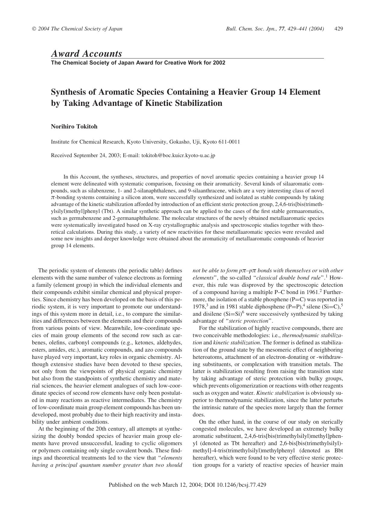 Synthesis of Aromatic Species Containing a Heavier Group 14 Element by Taking Advantage of Kinetic Stabilization by Norihiro Tokitoh