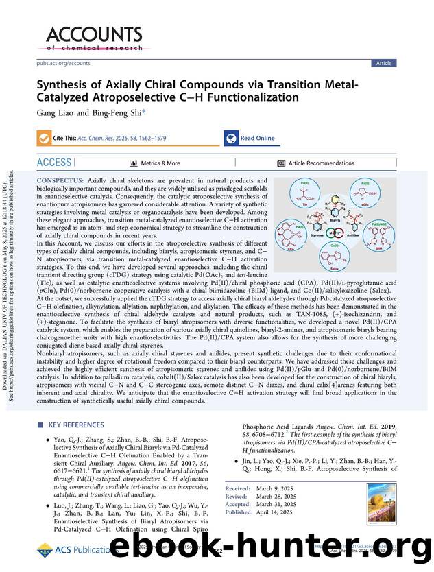Synthesis of Axially Chiral Compounds via Transition Metal-Catalyzed Atroposelective CâH Functionalization by Gang Liao & Bing-Feng Shi