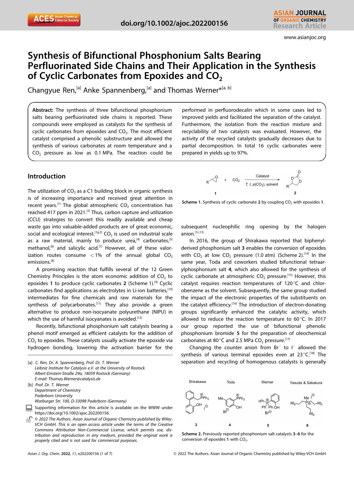 Synthesis of Bifunctional Phosphonium Salts Bearing Perfluorinated Side Chains and Their Application in the Synthesis of Cyclic Carbonates from Epoxides and CO2 by Unknown