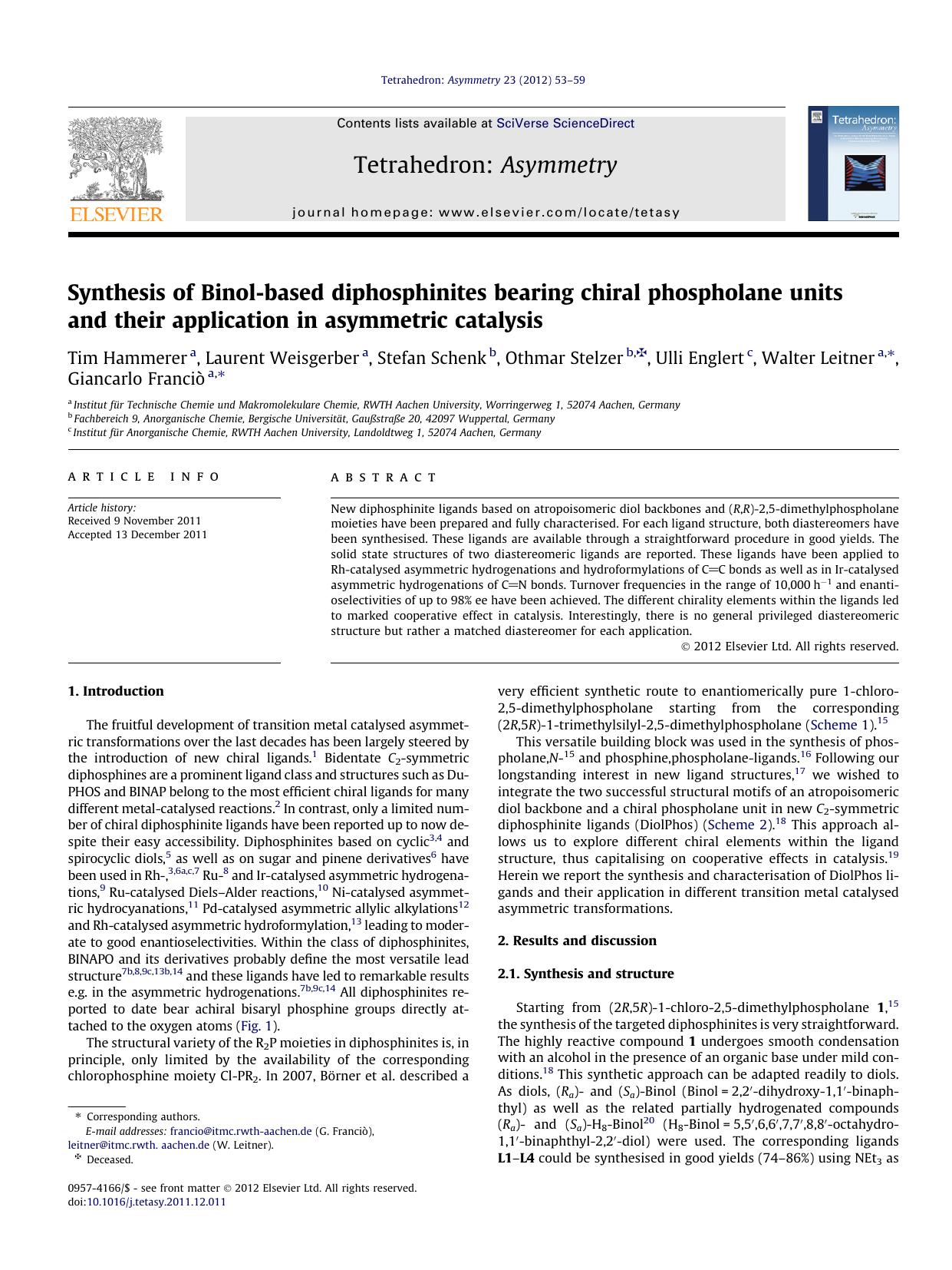 Synthesis of Binol-based diphosphinites bearing chiral phospholane units and their application in asymmetric catalysis by unknow