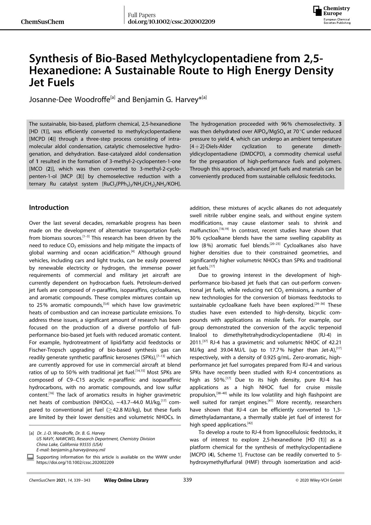 Synthesis of BioâBased Methylcyclopentadiene from 2,5âHexanedione: A Sustainable Route to High Energy Density Jet Fuels by Unknown