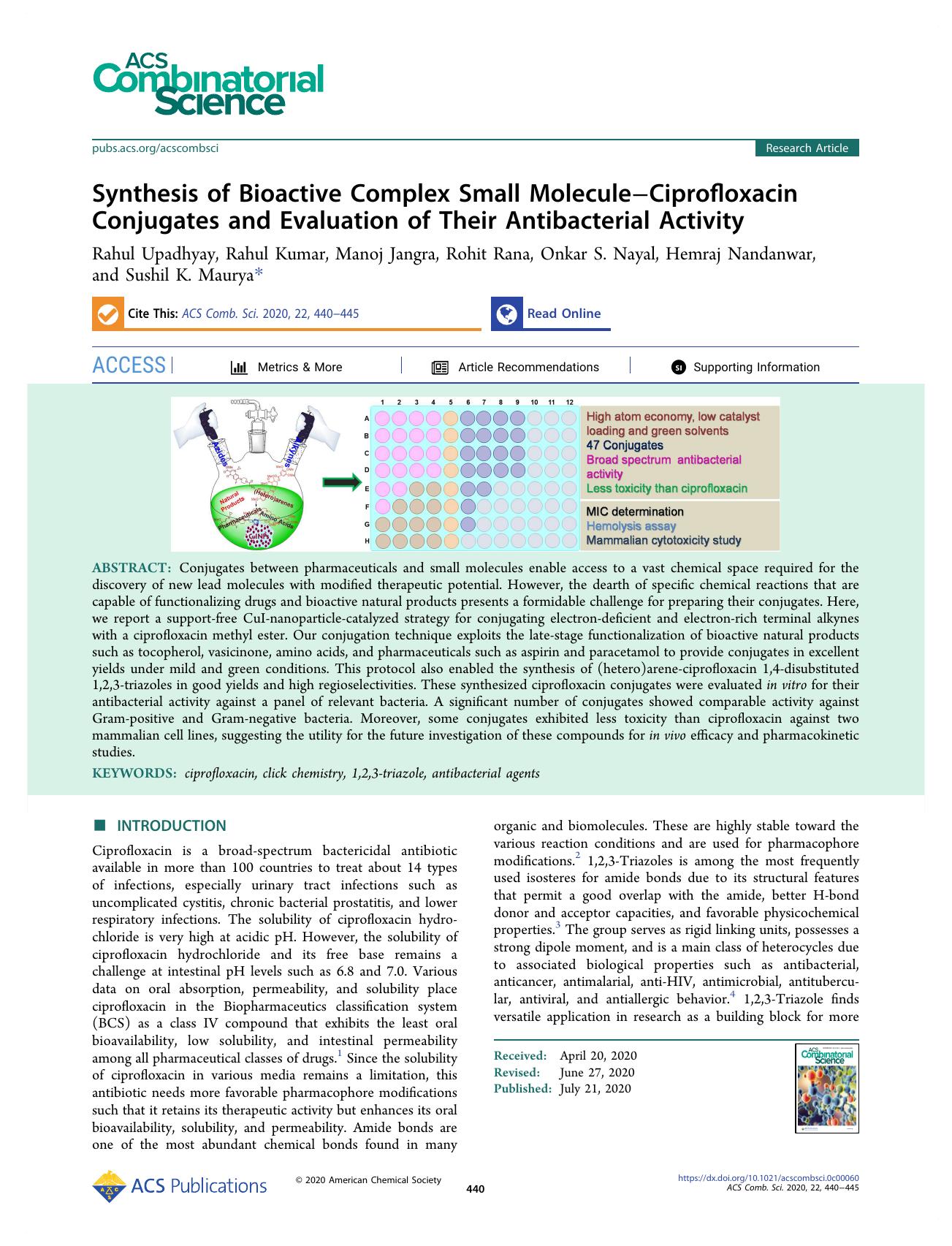 Synthesis of Bioactive Complex Small MoleculeâCiprofloxacin Conjugates and Evaluation of Their Antibacterial Activity by unknow