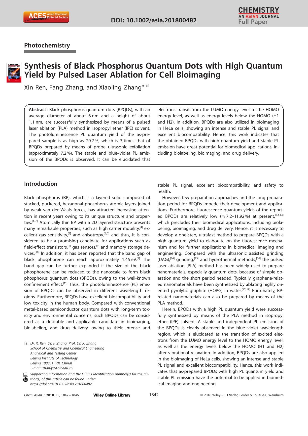 Synthesis of Black Phosphorus Quantum Dots with High Quantum Yield by Pulsed Laser Ablation for Cell Bioimaging by Unknown