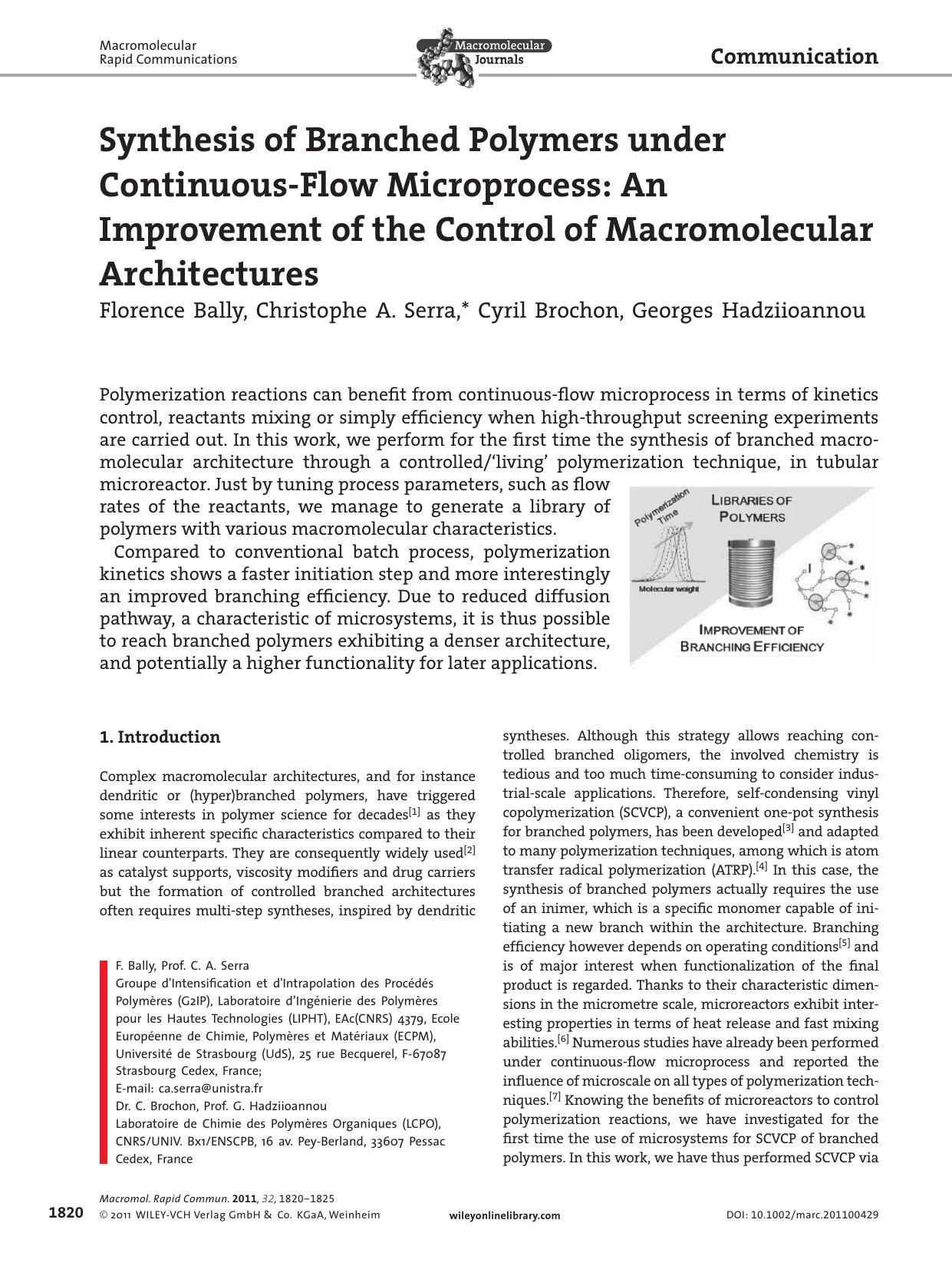 Synthesis of Branched Polymers under ContinuousFlow Microprocess: An Improvement of the Control of Macromolecular Architectures by wcu