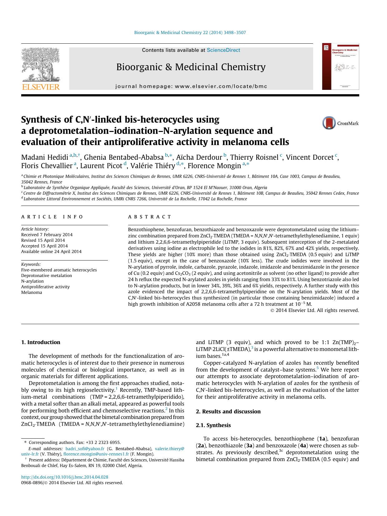 Synthesis of C,Nâ²-linked bis-heterocycles using a deprotometalationâiodinationâN-arylation sequence and evaluation of their antiproliferative activity in melanoma cells by unknow