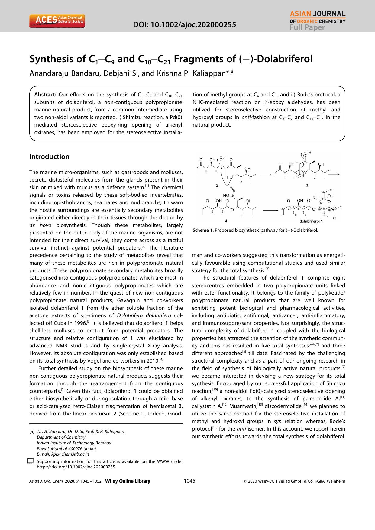 Synthesis of C1âC9 and C10âC21 Fragments of (â)âDolabriferol by Unknown