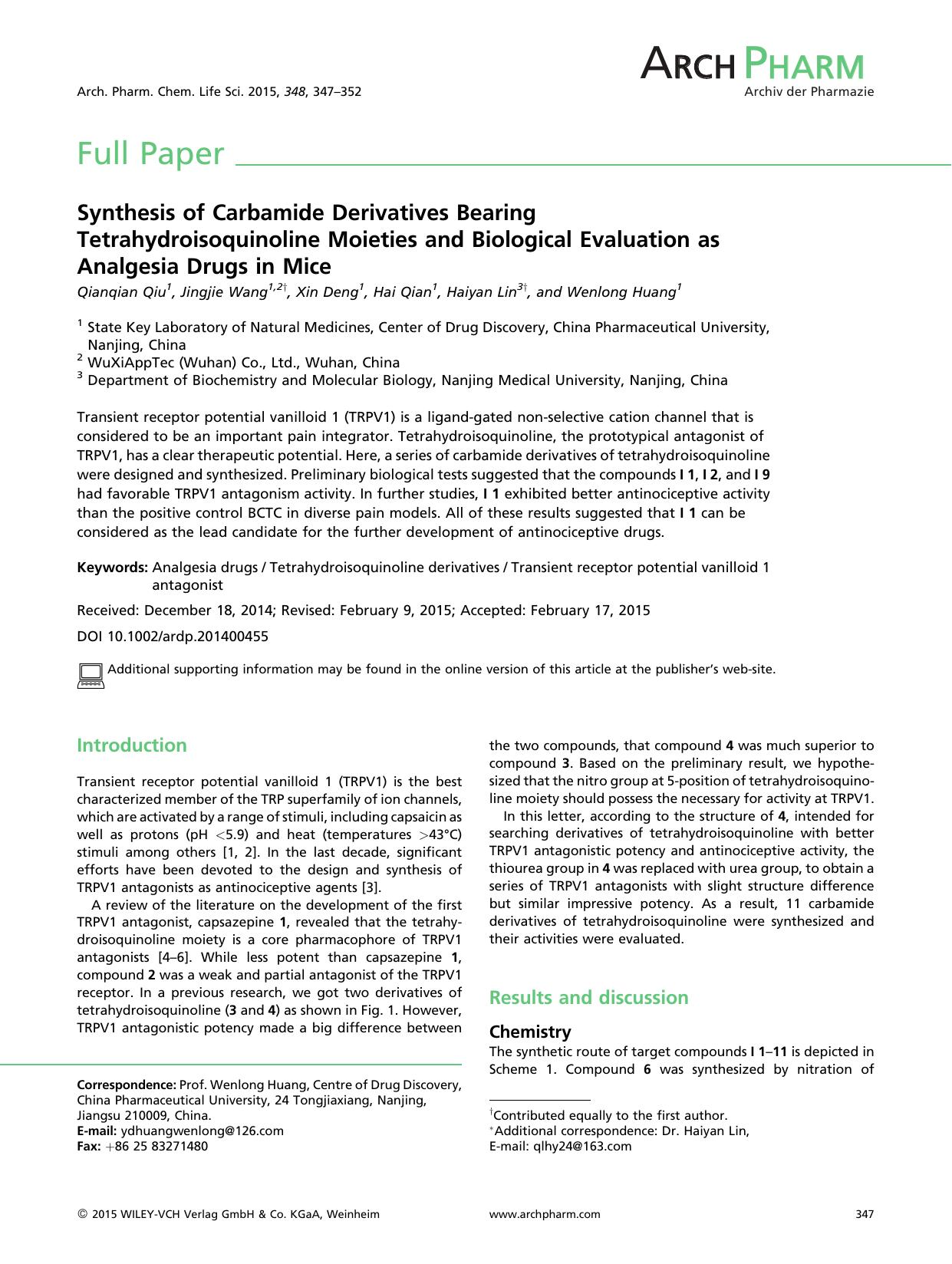Synthesis of Carbamide Derivatives Bearing Tetrahydroisoquinoline Moieties and Biological Evaluation as Analgesia Drugs in Mice by Unknown