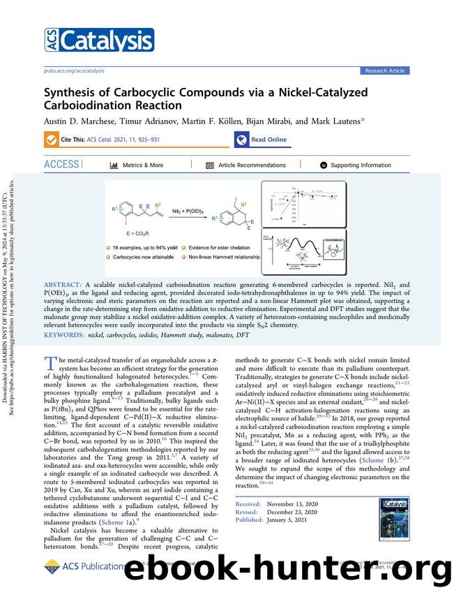Synthesis of Carbocyclic Compounds via a Nickel-Catalyzed Carboiodination Reaction by Austin D. Marchese Timur Adrianov Martin F. Köllen Bijan Mirabi & Mark Lautens