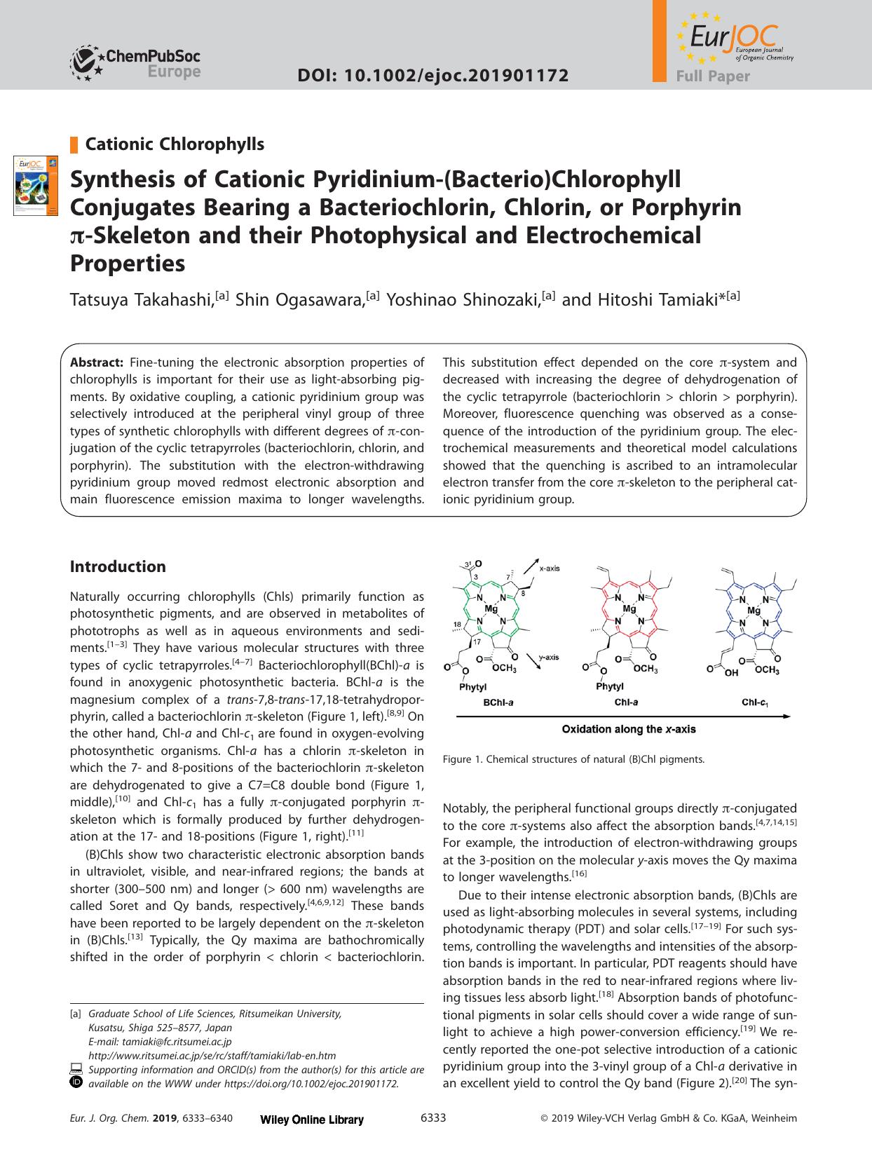 Synthesis of Cationic Pyridinium&#x02010;(Bacterio)Chlorophyll Conjugates Bearing a Bacteriochlorin, Chlorin, or Porphyrin &#x003C0;&#x02010;Skeleton and their Photophysical and El by Unknown