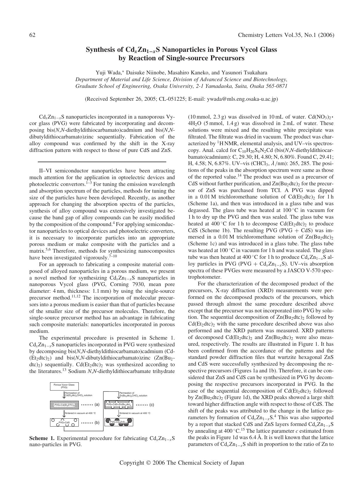 Synthesis of Cd_{x}Zn_{1-x}S Nanoparticles in Porous Vycol Glass by Reaction of Single-source Precursors by Yuji Wada Daisuke Niinobe Masahiro Kaneko and Yasunori Tsukahara