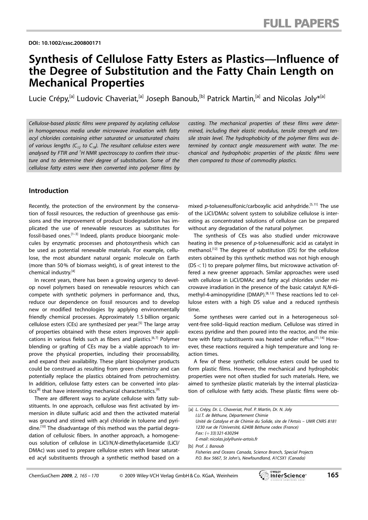 Synthesis of Cellulose Fatty Esters as Plastics-Influence of the Degree of Substitution and the Fatty Chain Length on Mechanical Properties by Unknown