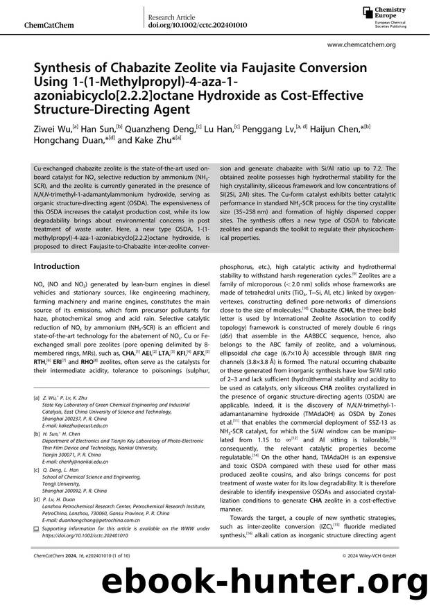 Synthesis of Chabazite Zeolite via Faujasite Conversion Using 1â(1âMethylpropyl)â4âazaâ1âazoniabicyclo[2.2.2]octane Hydroxide as CostâEffective StructureâDirecting Agent by Unknown