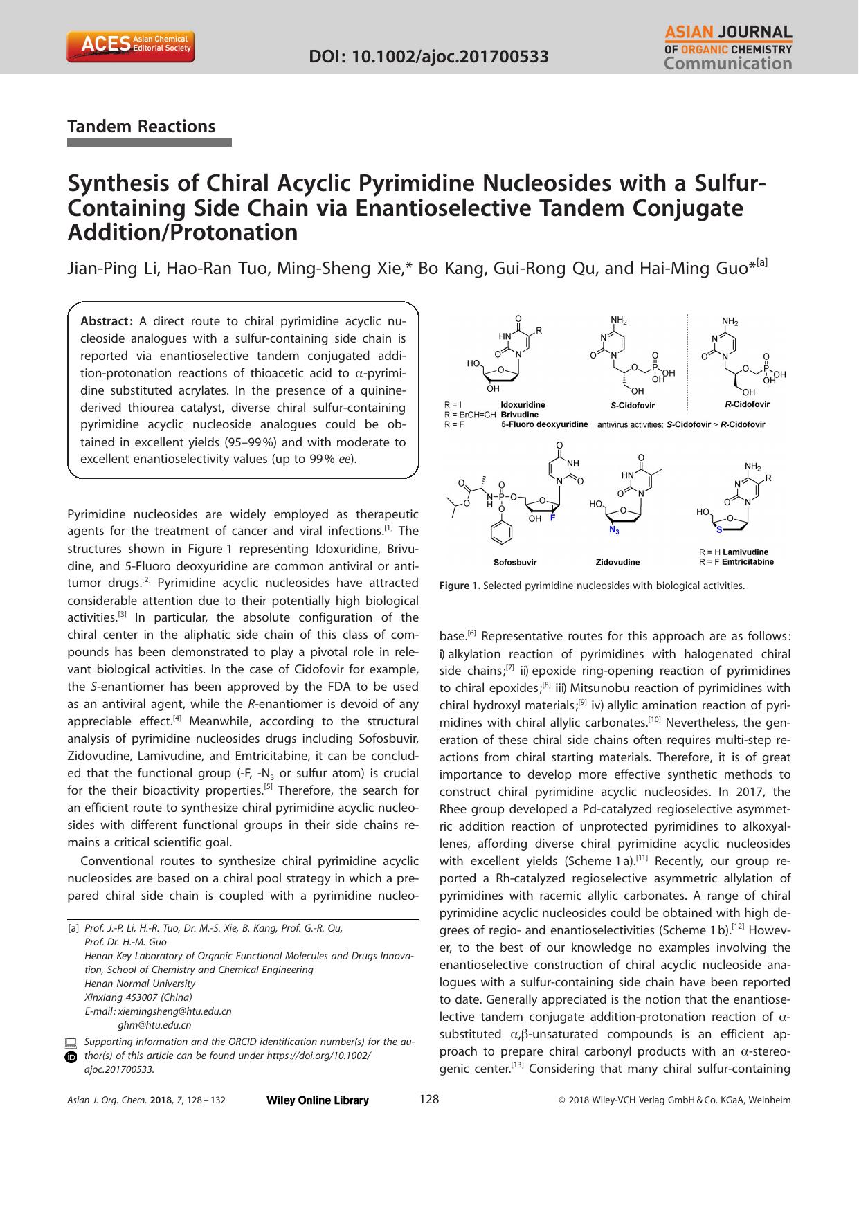 Synthesis of Chiral Acyclic Pyrimidine Nucleosides with a SulfurâContaining Side Chain via Enantioselective Tandem Conjugate AdditionProtonation by Unknown