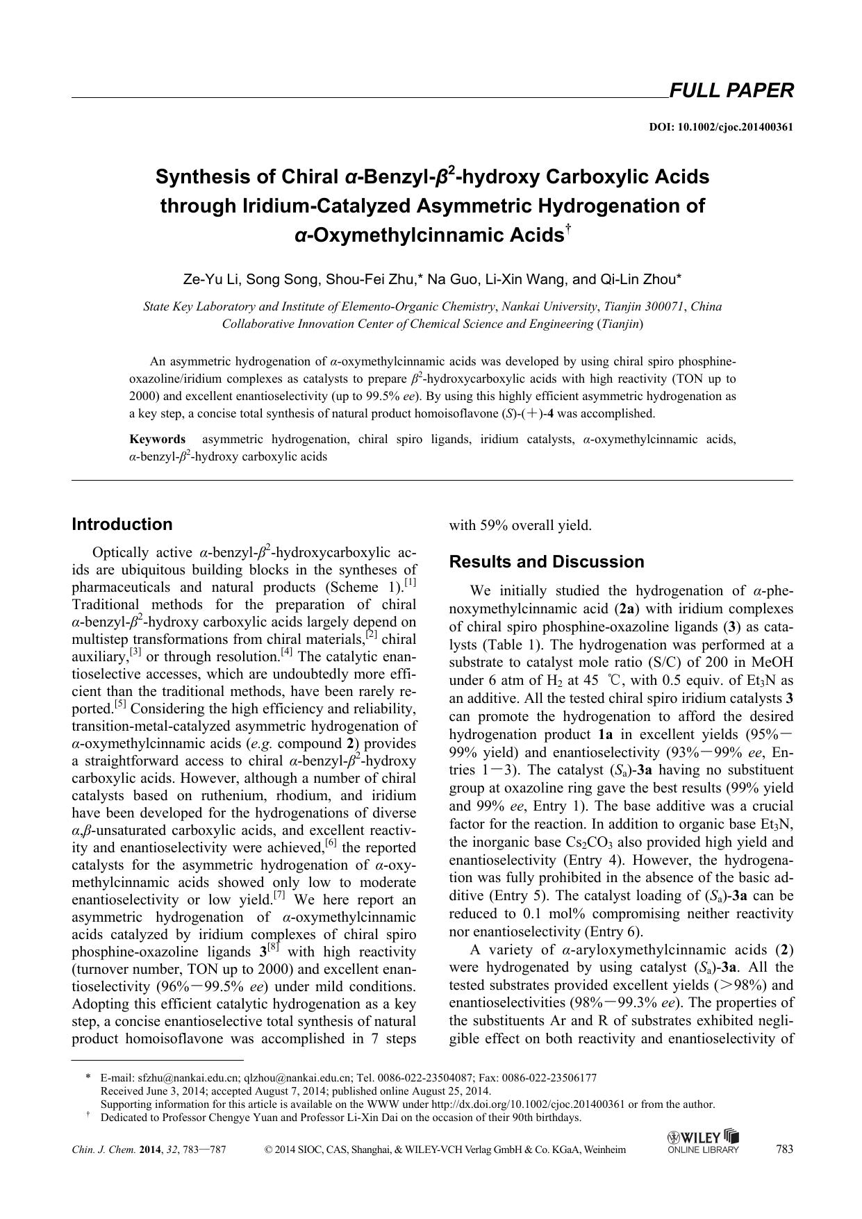 Synthesis of Chiral Benzyl2hydroxy Carboxylic Acids through IridiumCatalyzed Asymmetric Hydrogenation of Oxymethylcinnamic Acids by kxk1