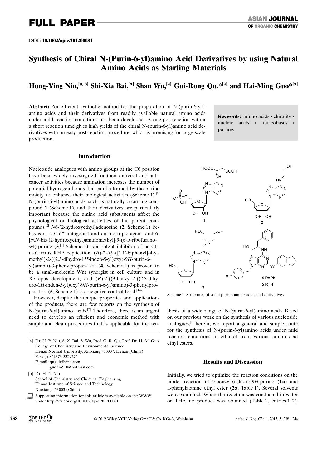 Synthesis of Chiral N(Purin6yl)amino Acid Derivatives by using Natural Amino Acids as Starting Materials by Unknown