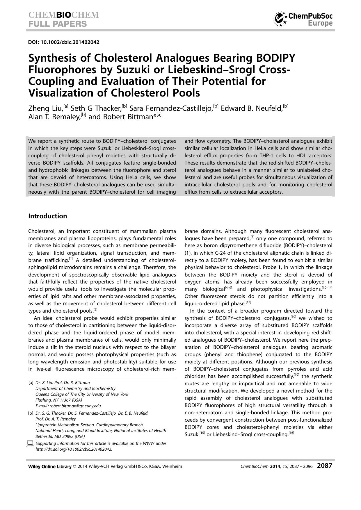 Synthesis of Cholesterol Analogues Bearing BODIPY Fluorophores by Suzuki or LiebeskindSrogl CrossCoupling and Evaluation of Their Potential for Visualization of Cholesterol Pools by Unknown