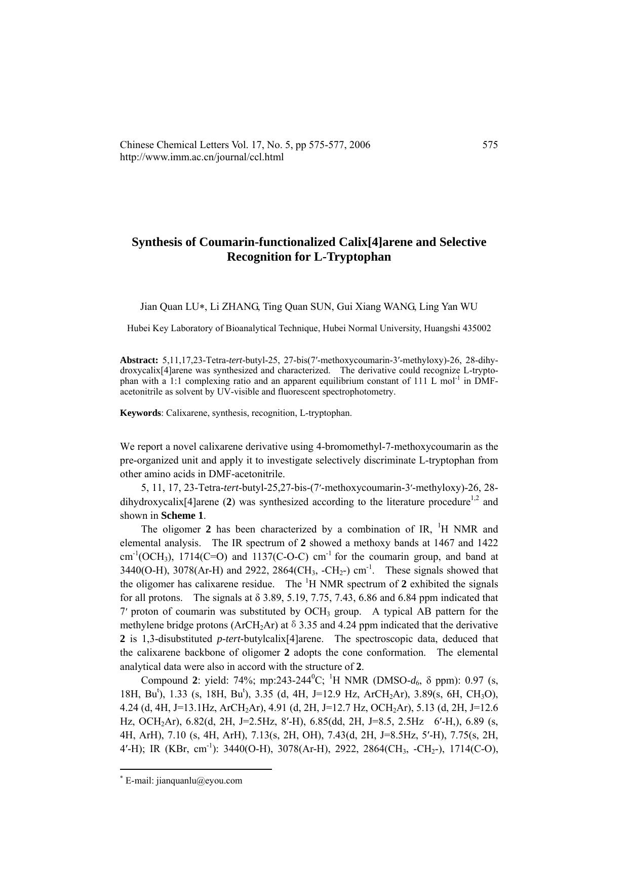 Synthesis of Coumarin -functionalized Calix[4]arene and Selective Recognition for L-Tryptophan by LU JQ