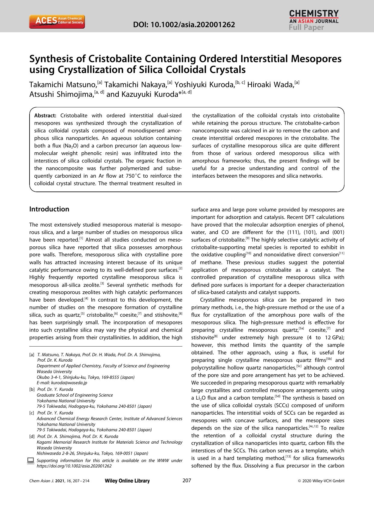 Synthesis of Cristobalite Containing Ordered Interstitial Mesopores using Crystallization of Silica Colloidal Crystals by Unknown