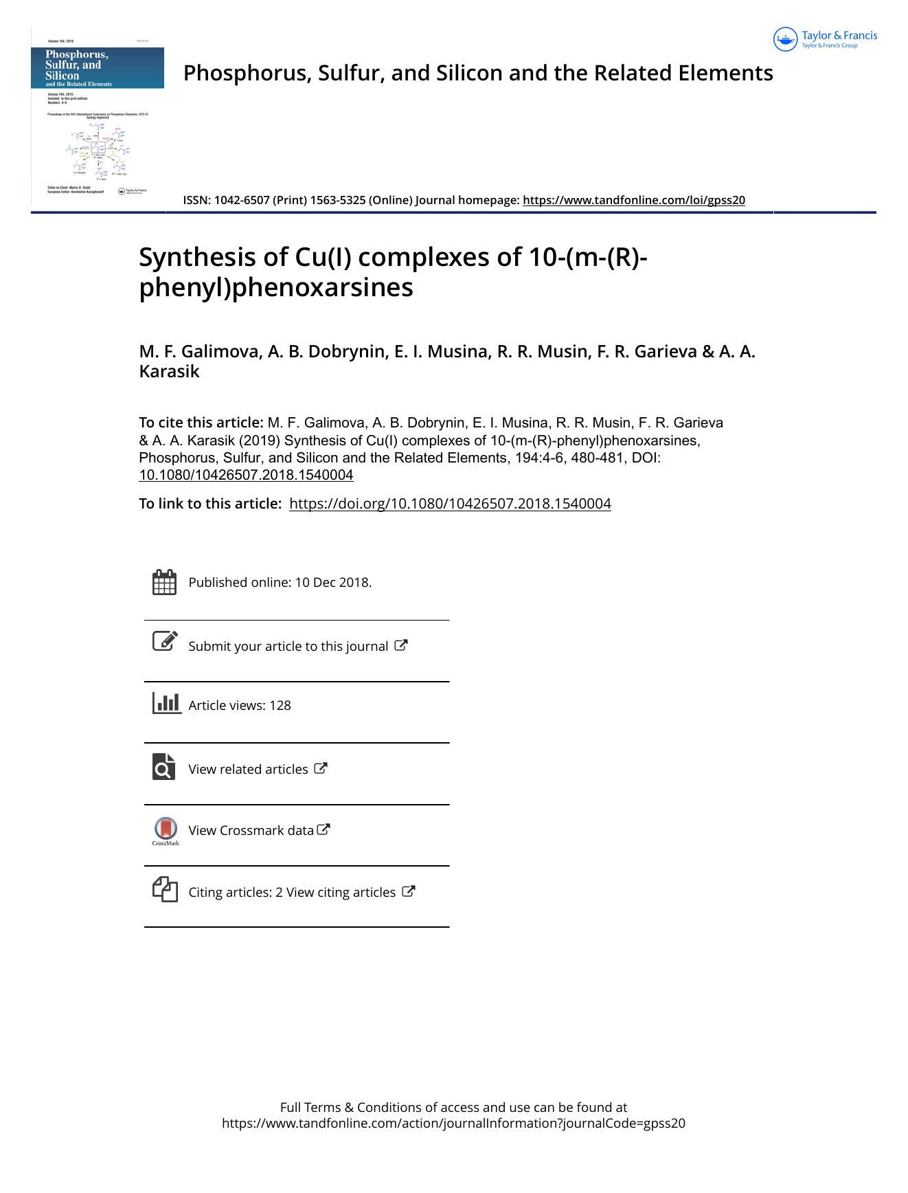 Synthesis of Cu(I) complexes of 10-(m-(R)-phenyl)phenoxarsines by Galimova M. F. & Dobrynin A. B. & Musina E. I. & Musin R. R. & Garieva F. R. & Karasik A. A