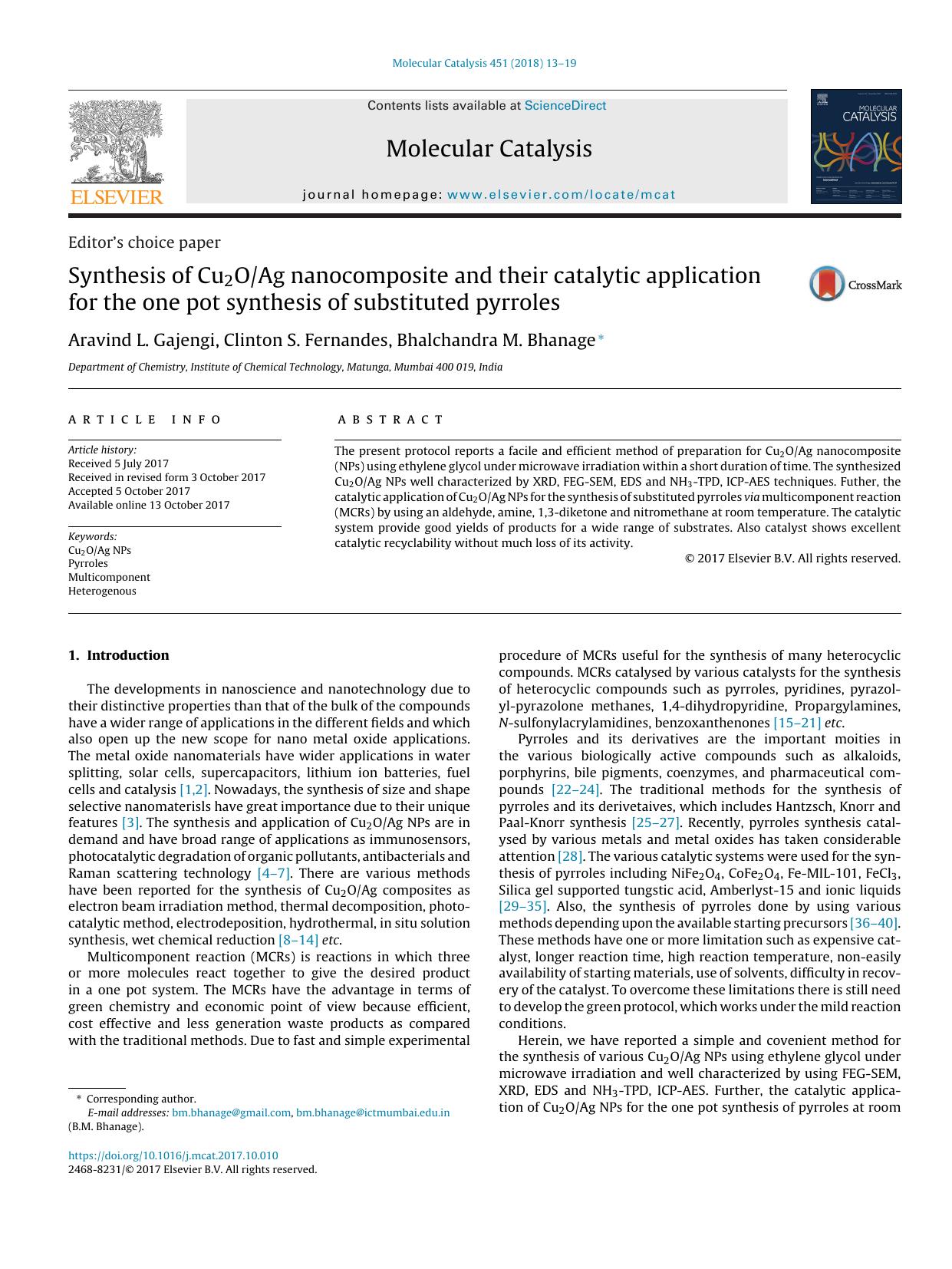 Synthesis of Cu2OAg nanocomposite and their catalytic application for the one pot synthesis of substituted pyrroles by Aravind L. Gajengi & Clinton S. Fernandes & Bhalchandra M. Bhanage
