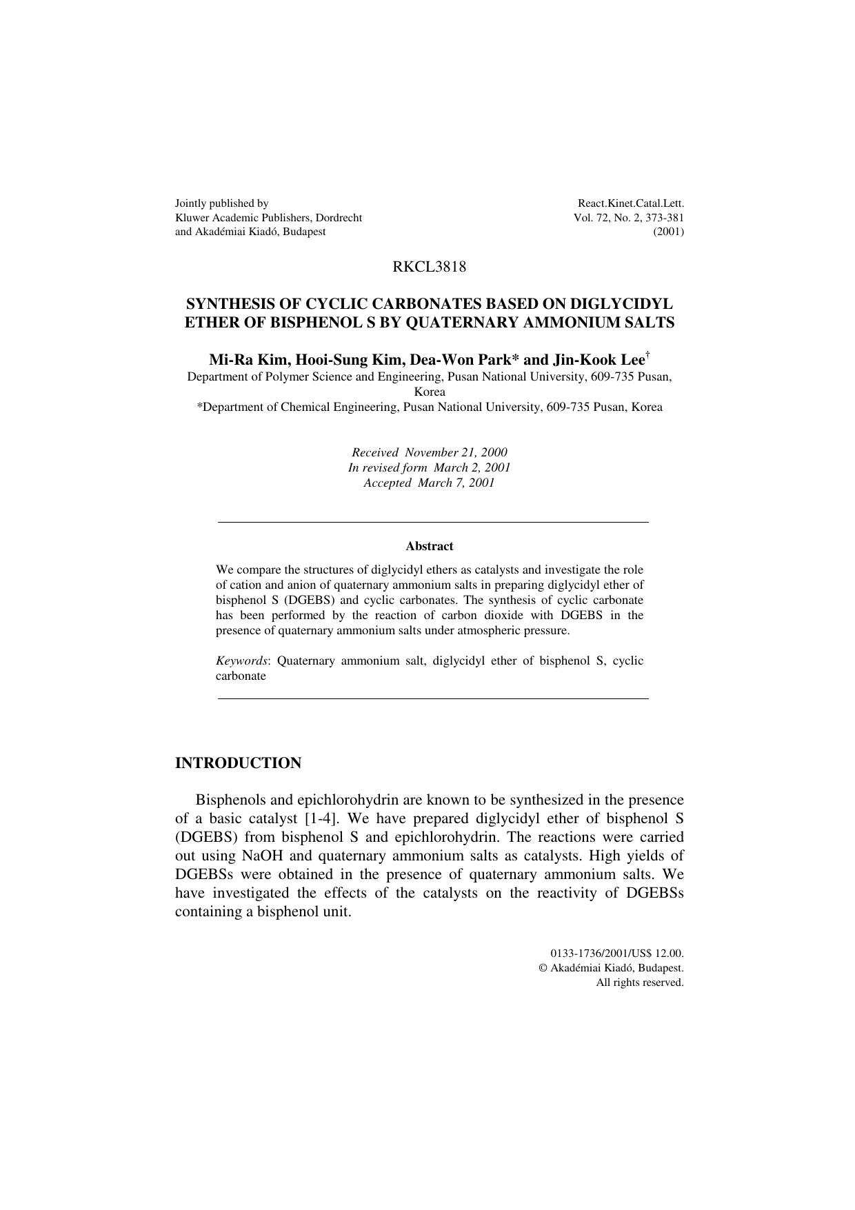 Synthesis of Cyclic Carbonates Based on Diglycidyl Ether of Bisphenol s by Quaternary Ammonium Salts by Unknown