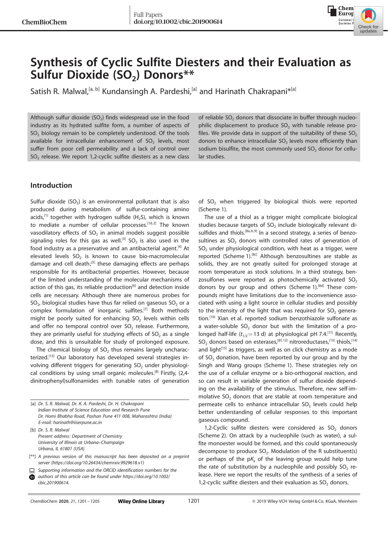 Synthesis of Cyclic Sulfite Diesters and their Evaluation as Sulfur Dioxide (SO2) Donors by Unknown