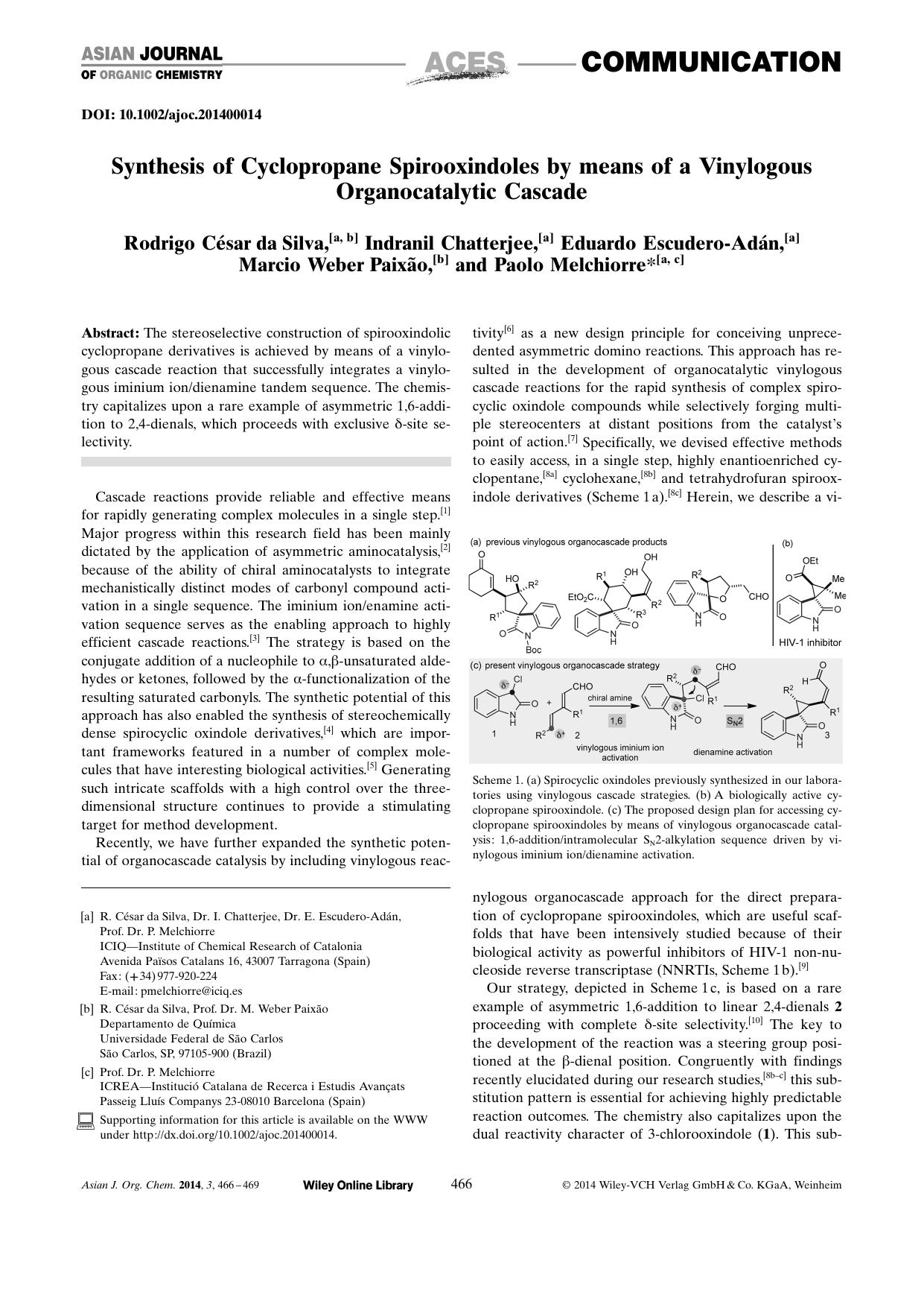 Synthesis of Cyclopropane Spirooxindoles by means of a Vinylogous Organocatalytic Cascade by Unknown