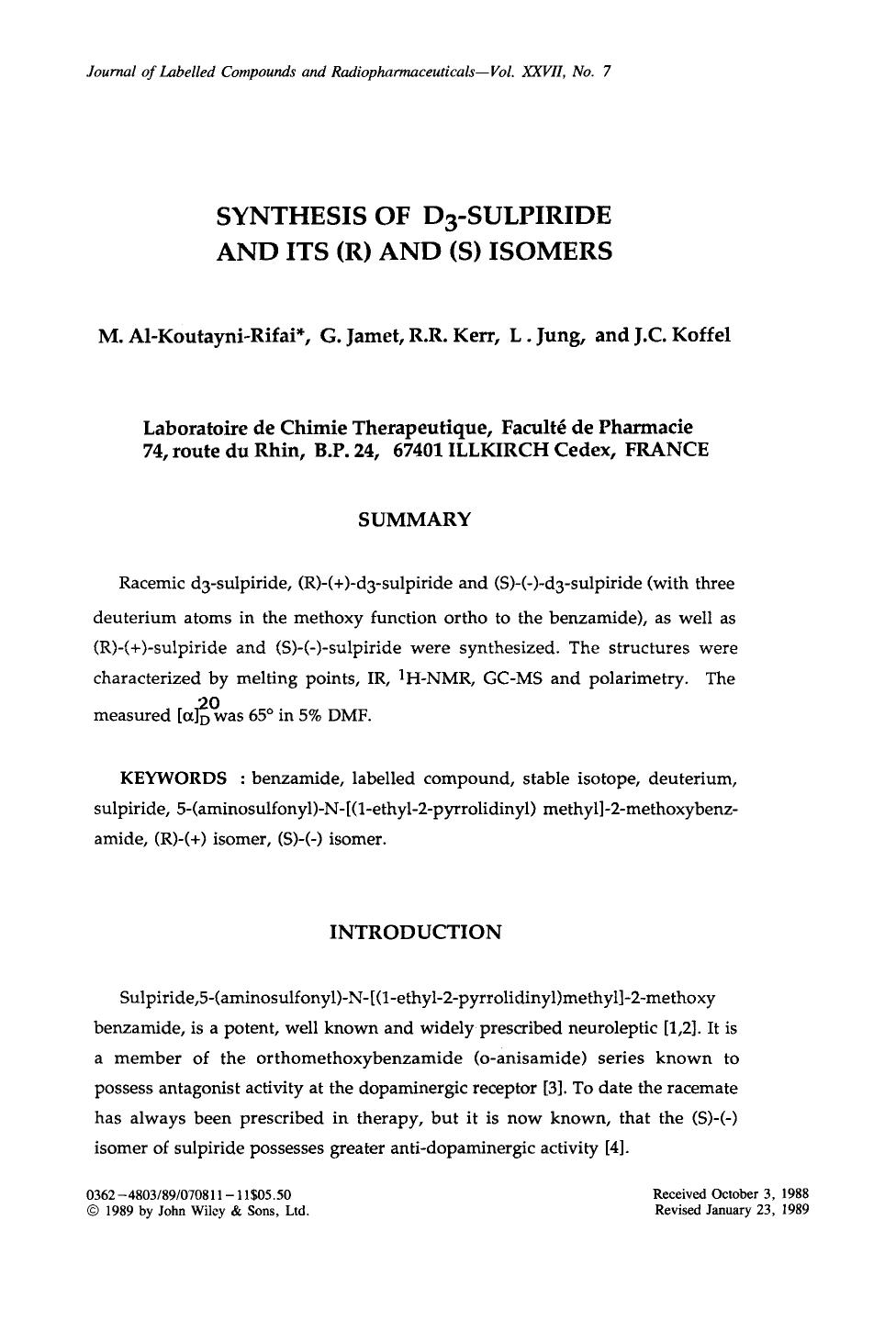 Synthesis of D3-sulpiride and its (R) and (S) isomers by Unknown