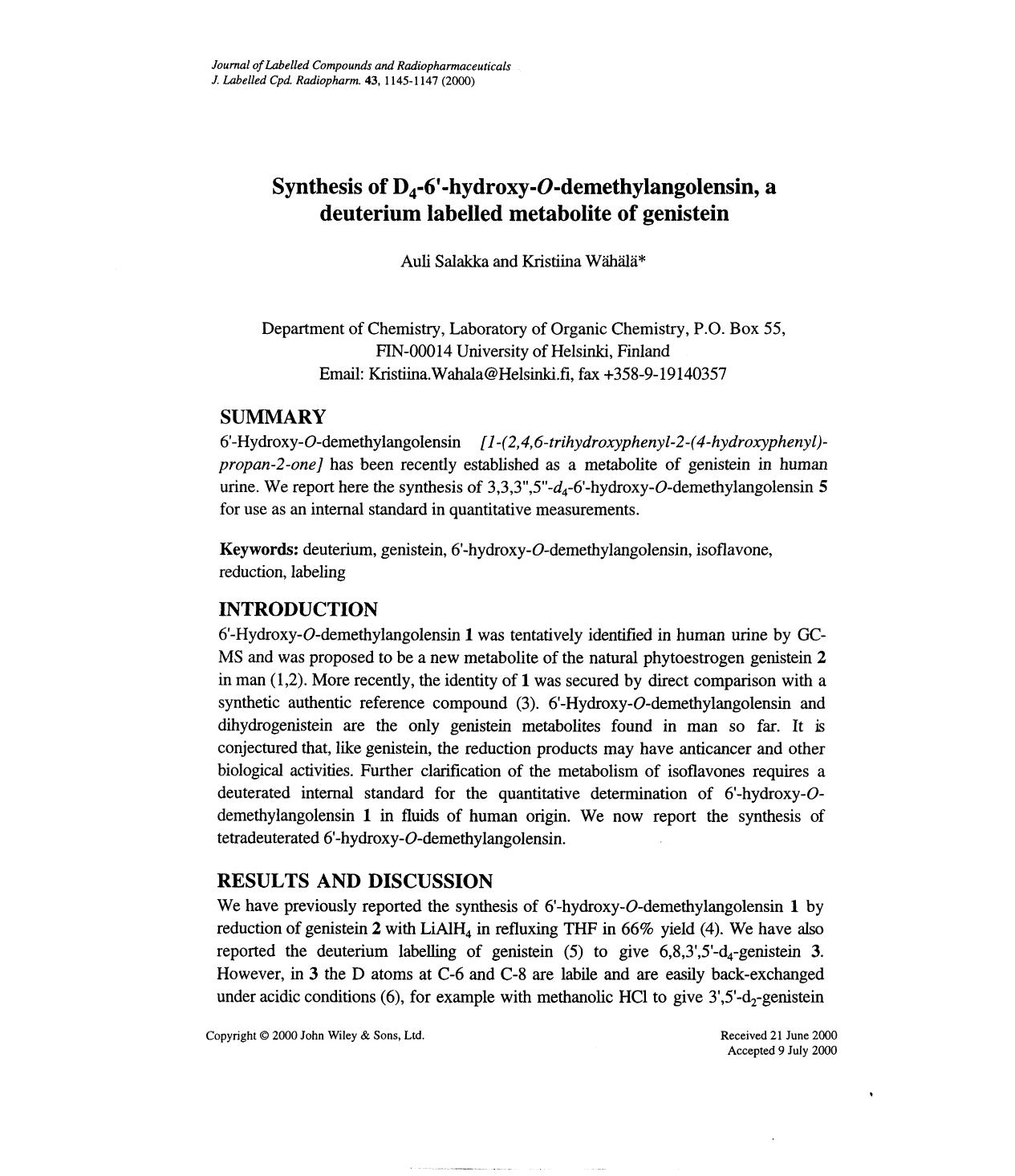 Synthesis of D4-6[prime]-hydroxy-O-demethylangolensin, a deuterium labelled metabolite of genistein by Unknown