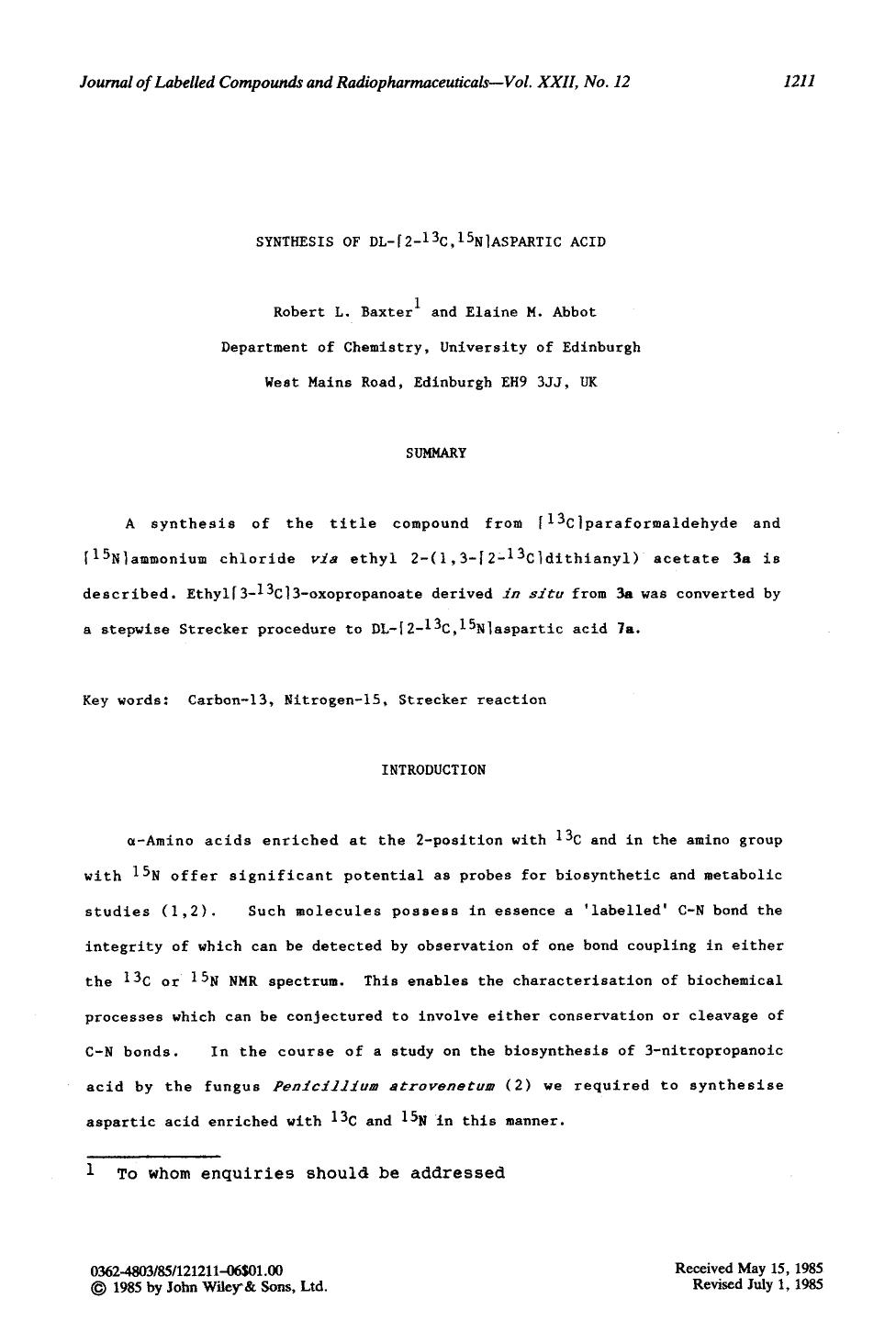Synthesis of DL-[2-13C, 15N]aspartic acid by Unknown