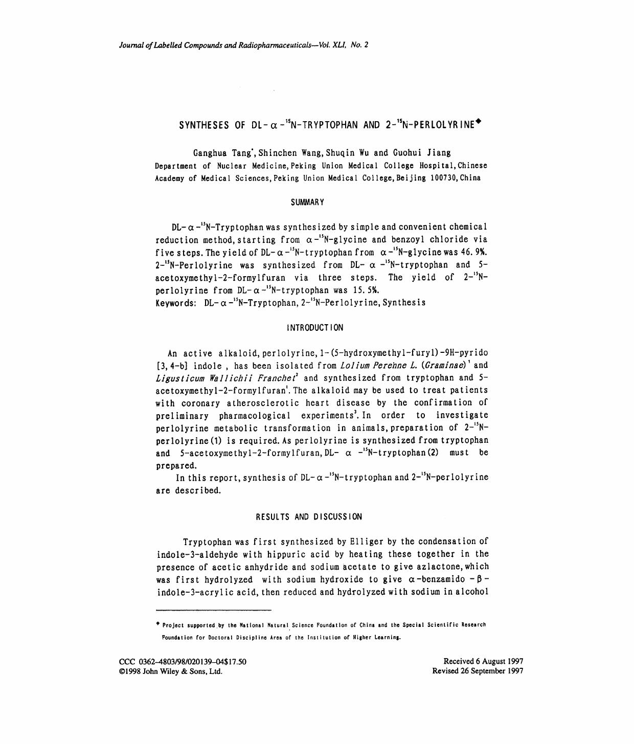 Synthesis of DL-[agr]-15N-tryptophan and 2-15N-perlolyrine by Unknown