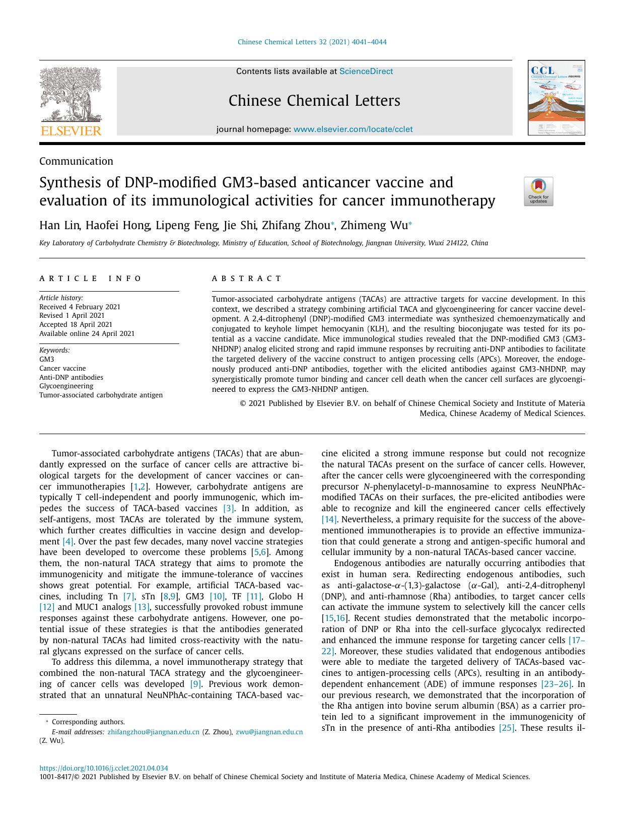 Synthesis of DNP-modified GM3-based anticancer vaccine and evaluation of its immunological activities for cancer immunotherapy by Han Lin
