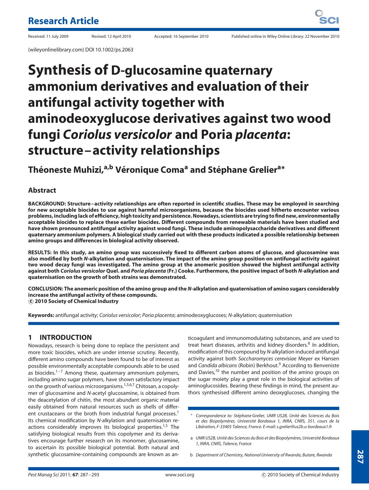 Synthesis of Dglucosamine quaternary ammonium derivatives and evaluation of their antifungal activity together with aminodeoxyglucose derivatives against two wood fungi Coriolus ve by Unknown