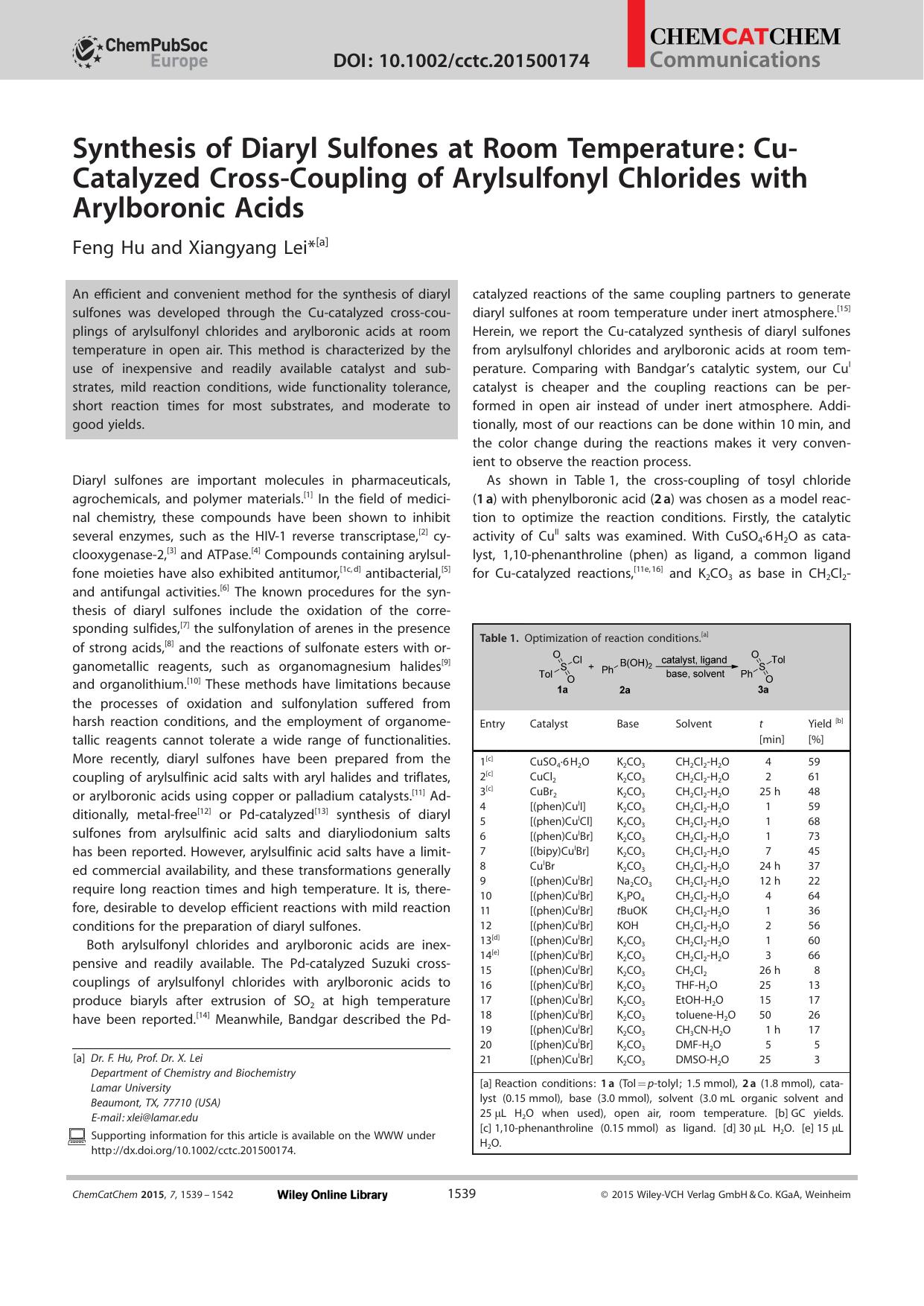 Synthesis of Diaryl Sulfones at Room Temperature: CuCatalyzed CrossCoupling of Arylsulfonyl Chlorides with Arylboronic Acids by Unknown