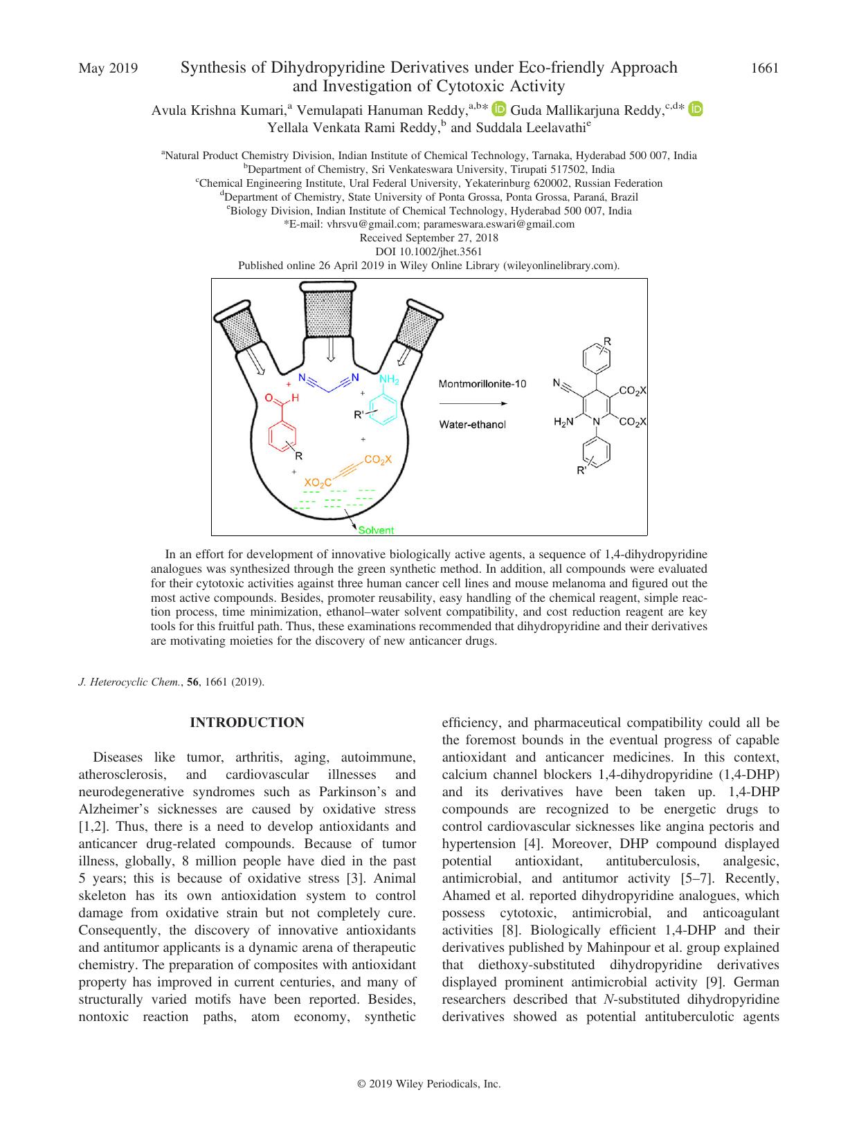 Synthesis of Dihydropyridine Derivatives under Eco-friendly Approach and Investigation of Cytotoxic Activity by unknow