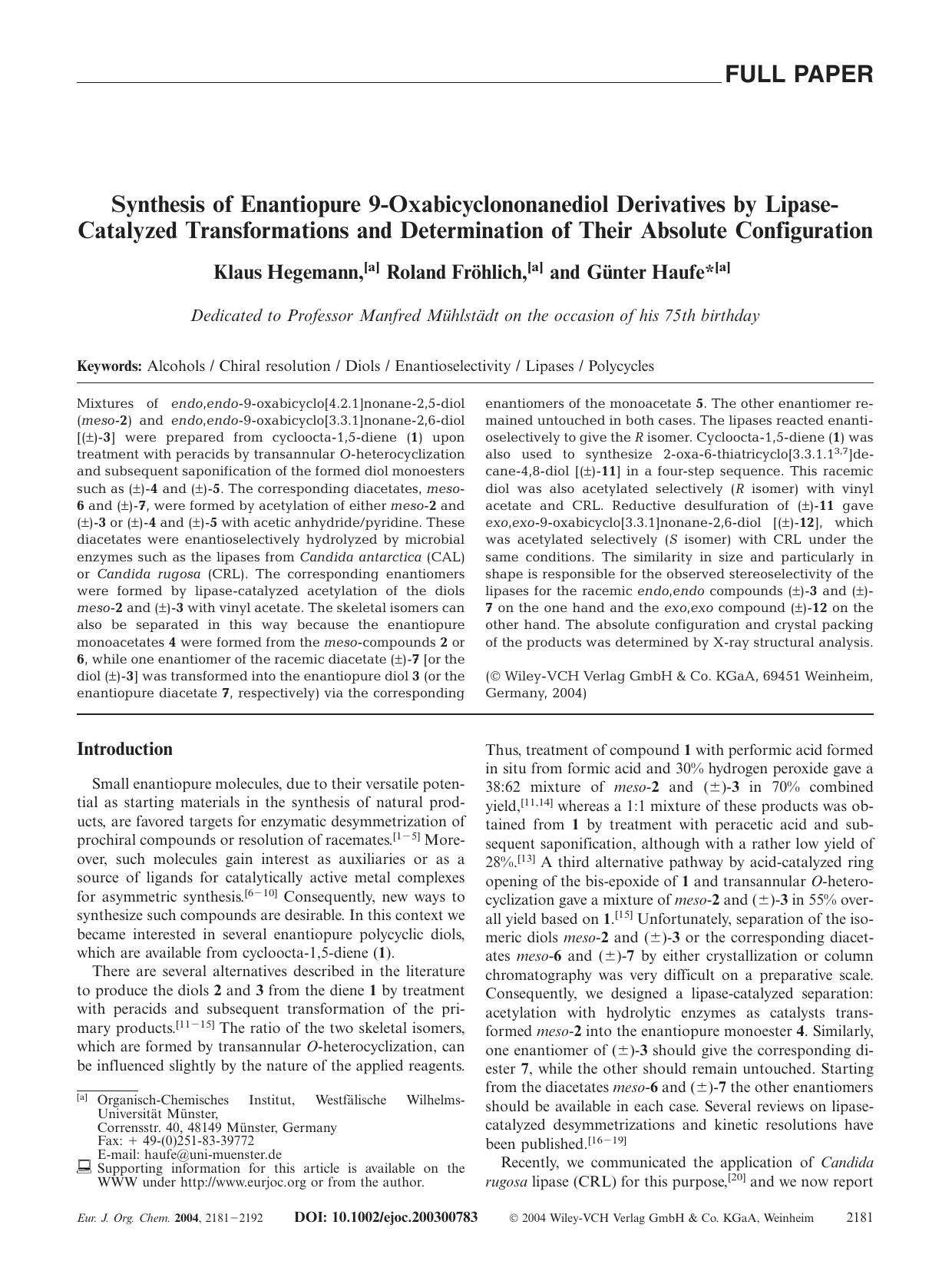 Synthesis of Enantiopure 9-Oxabicyclononanediol Derivatives by Lipase-Catalyzed Transformations and Determination of Their Absolute Configuration by Unknown