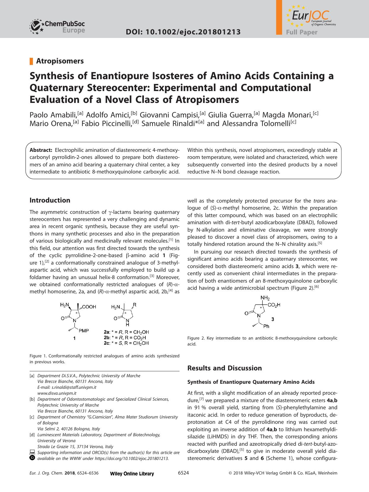 Synthesis of Enantiopure Isosteres of Amino Acids Containing a Quaternary Stereocenter: Experimental and Computational Evaluation of a Novel Class of Atropisomers by Unknown