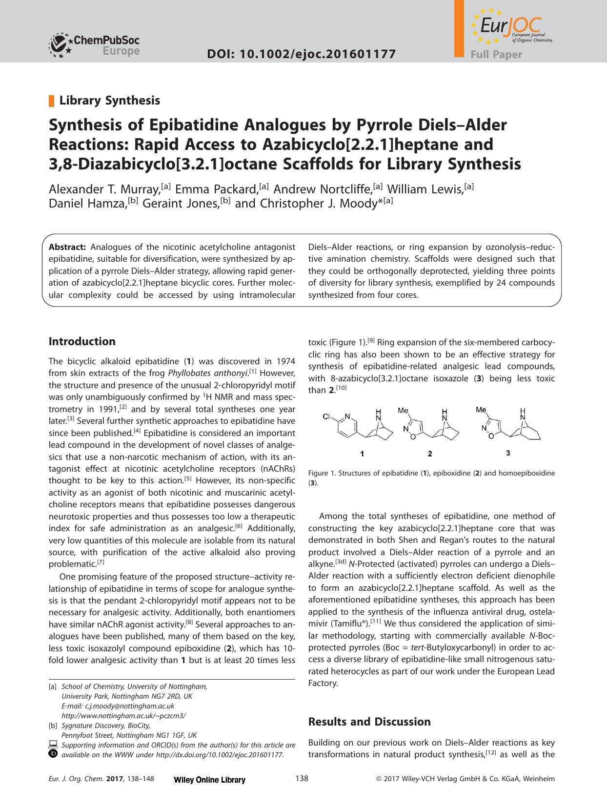 Synthesis of Epibatidine Analogues by Pyrrole Diels–Alder Reactions: Rapid Access to Azabicyclo[2.2.1]heptane and 3,8‐Diazabicyclo[3.2.1]octane Scaffolds for Library Synthesis by Unknown