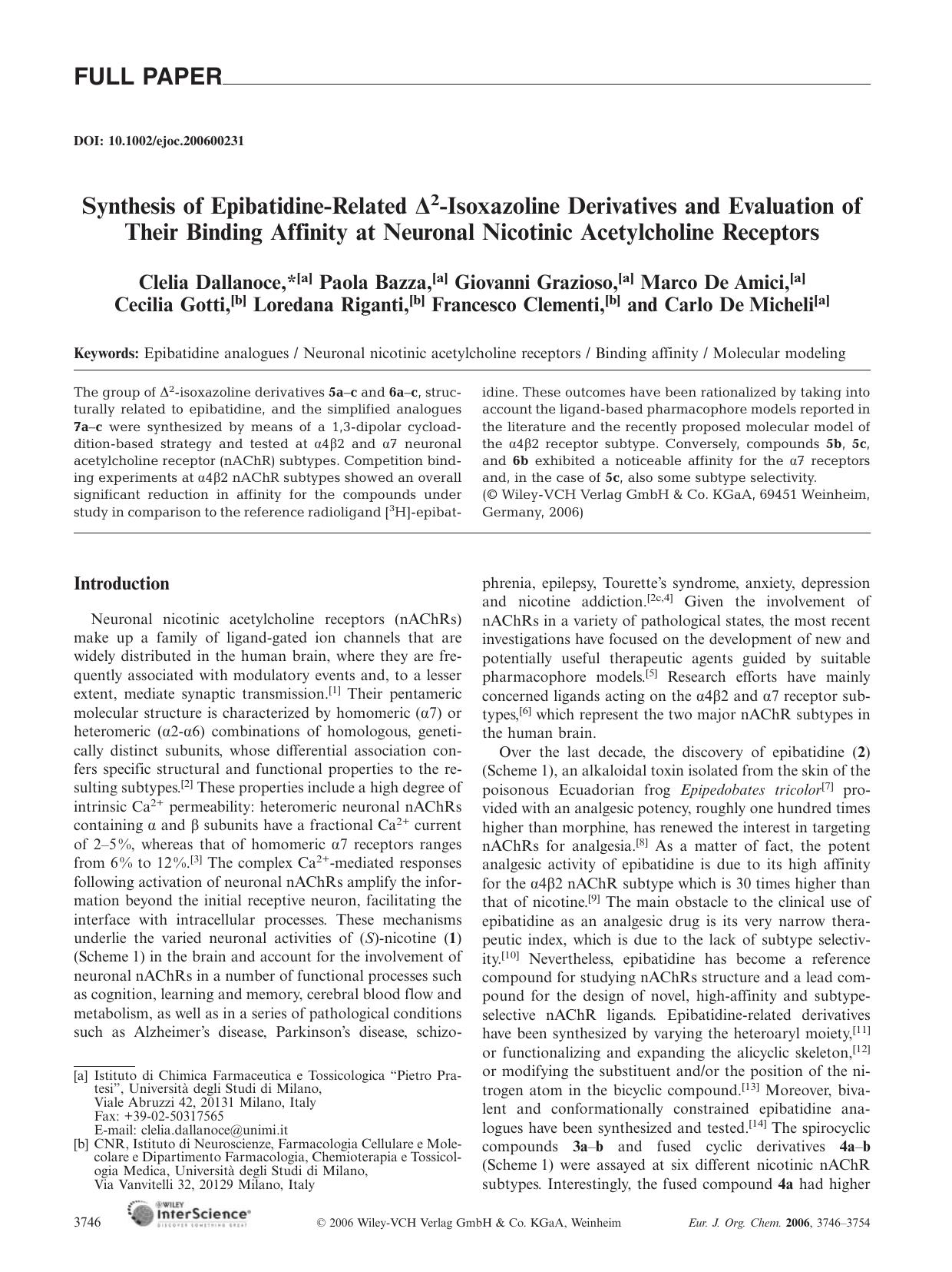 Synthesis of Epibatidine-Related [Delta]2-Isoxazoline Derivatives and Evaluation of Their Binding Affinity at Neuronal Nicotinic Acetylcholine Receptors by Unknown