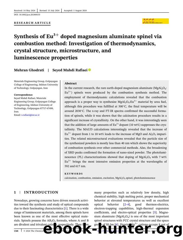 Synthesis of Eu3+ doped Magnesium Aluminate Spinel Via Combustion Method: Investigation of Thermodynamics, Crystal Structure, Microstructure, and Luminescence Properties by Unknown
