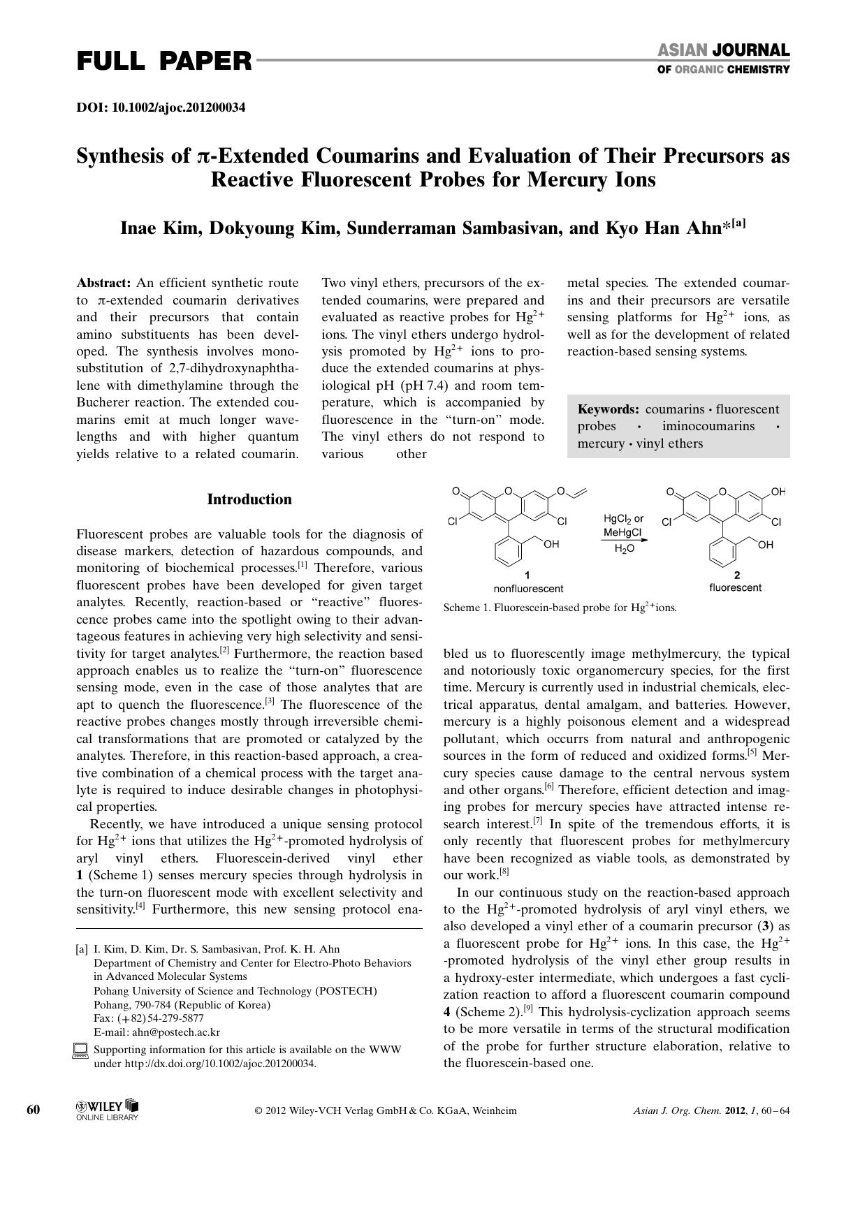 Synthesis of Extended Coumarins and Evaluation of Their Precursors as Reactive Fluorescent Probes for Mercury Ions by Unknown